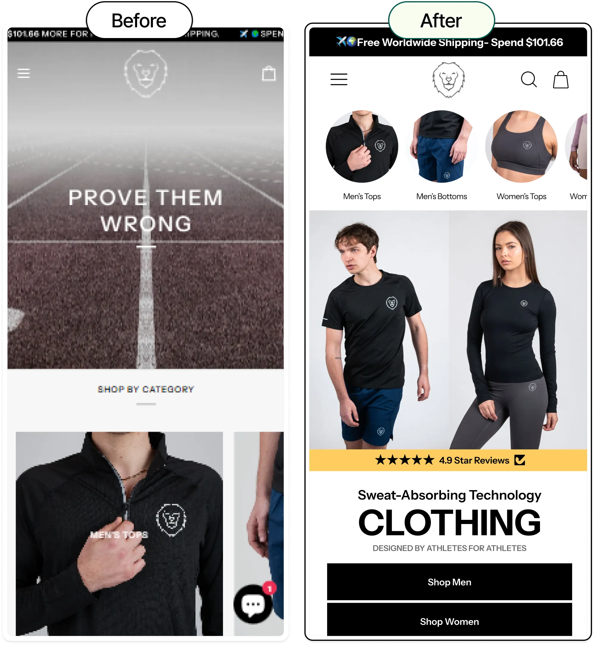 Side-by-side mobile screens showing before and after website homepage redesign for athletic clothing.