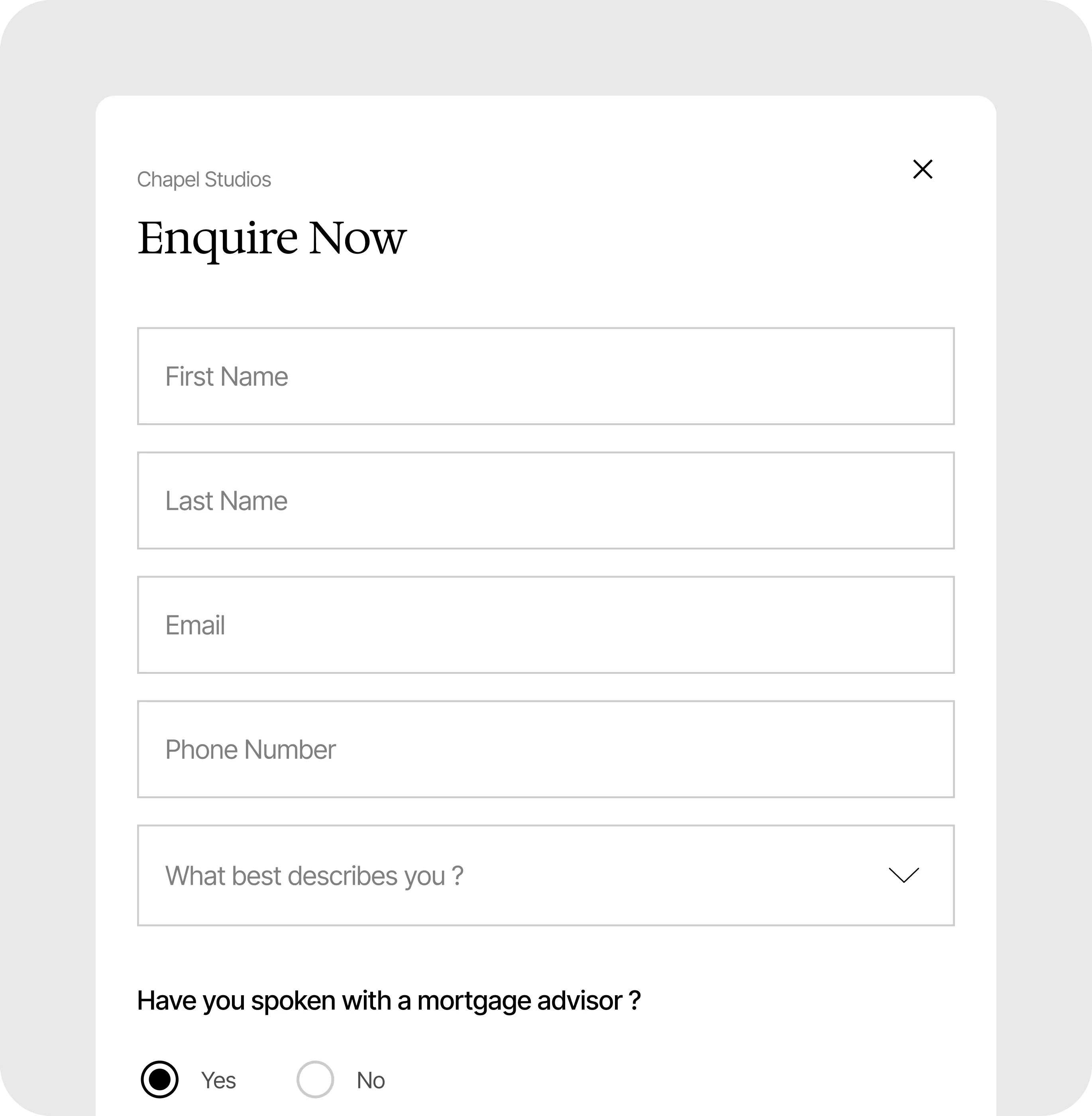 Contact form titled Enquire Now with fields for name, email, phone, description, and mortgage advisor Yes/No options.