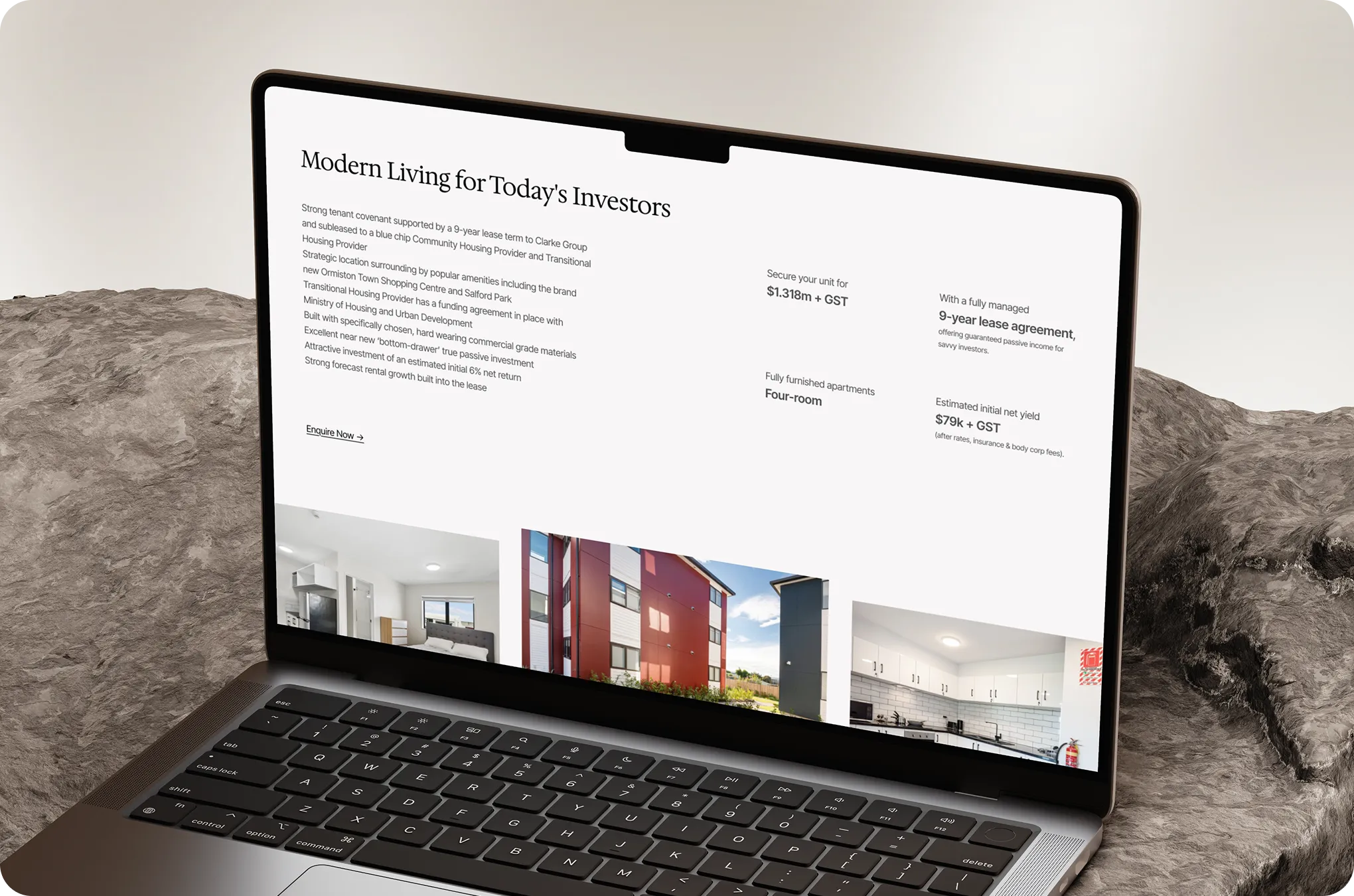 MacBook Pro displaying a webpage on modern living investment with lease and apartment details.