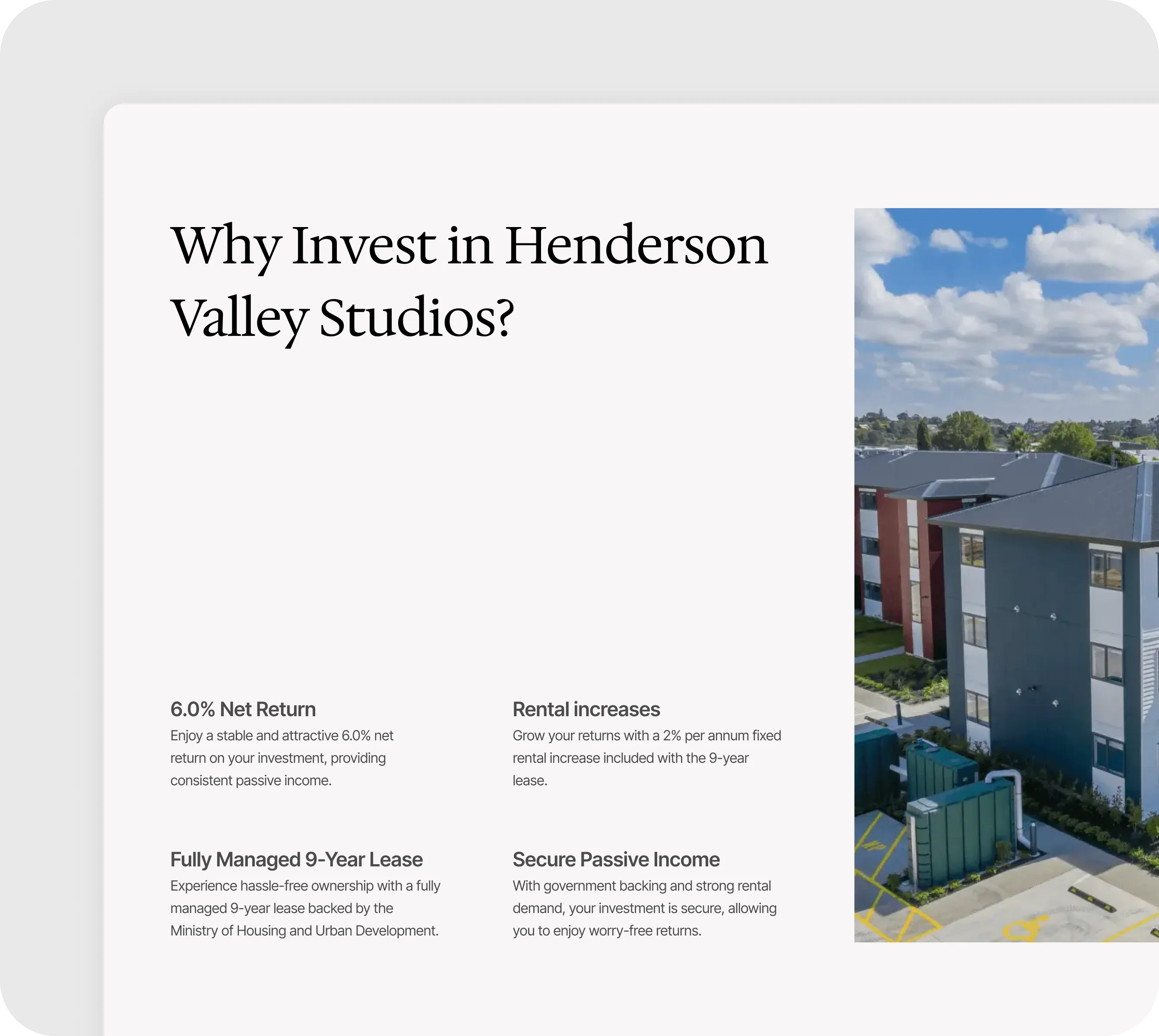 Reasons to invest in Henderson Valley Studios highlighting 6% net return, rental increases, and secure income.