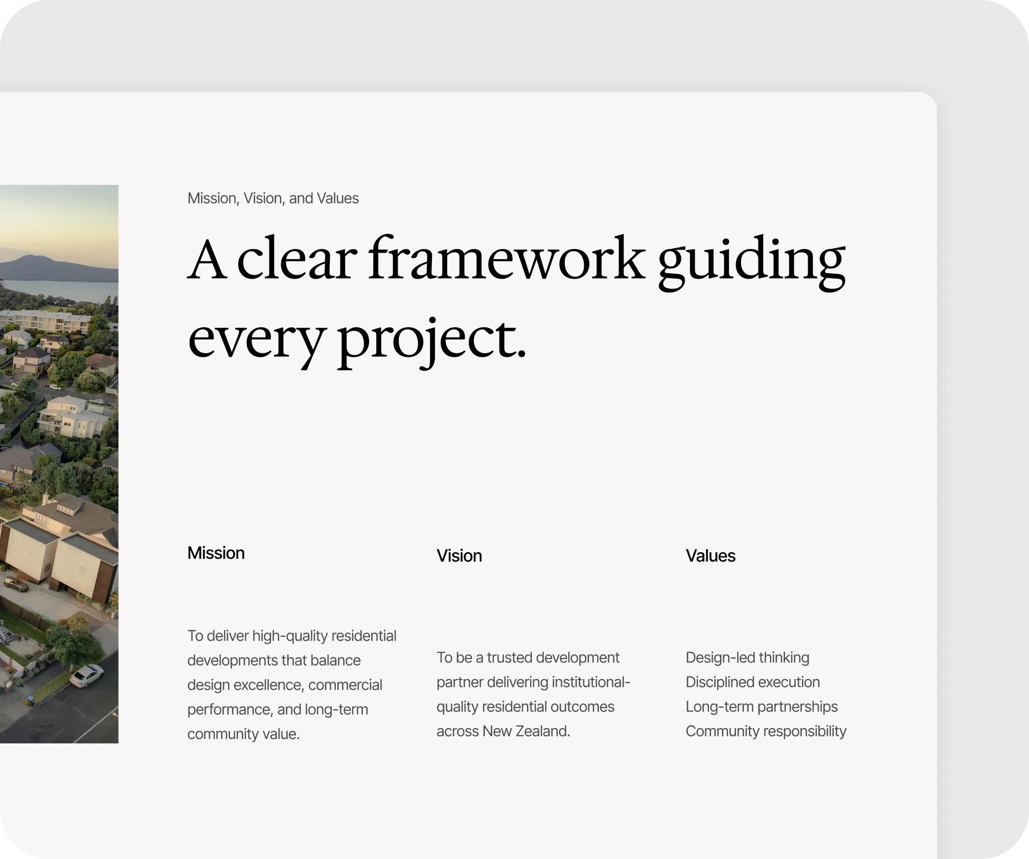 Page titled 'A clear framework guiding every project' with mission, vision, and values text about residential development.