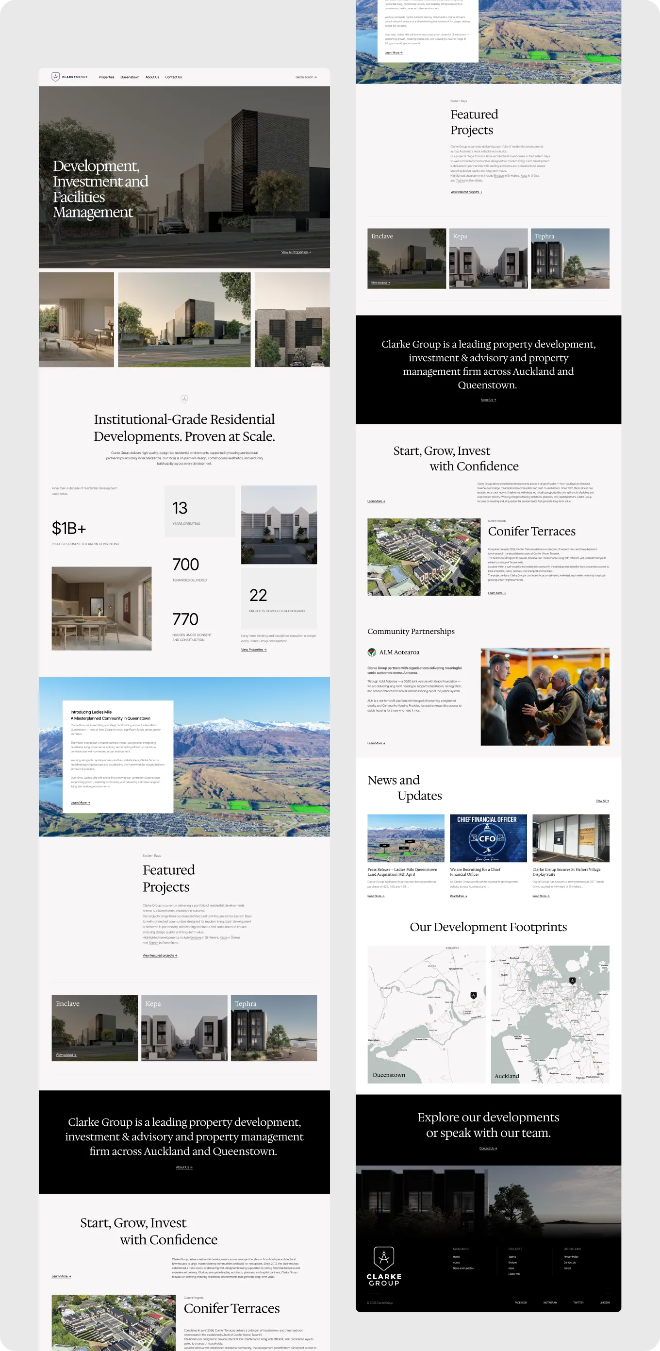Website page showing Clarke Group's property development projects, investment stats, maps, and company info.