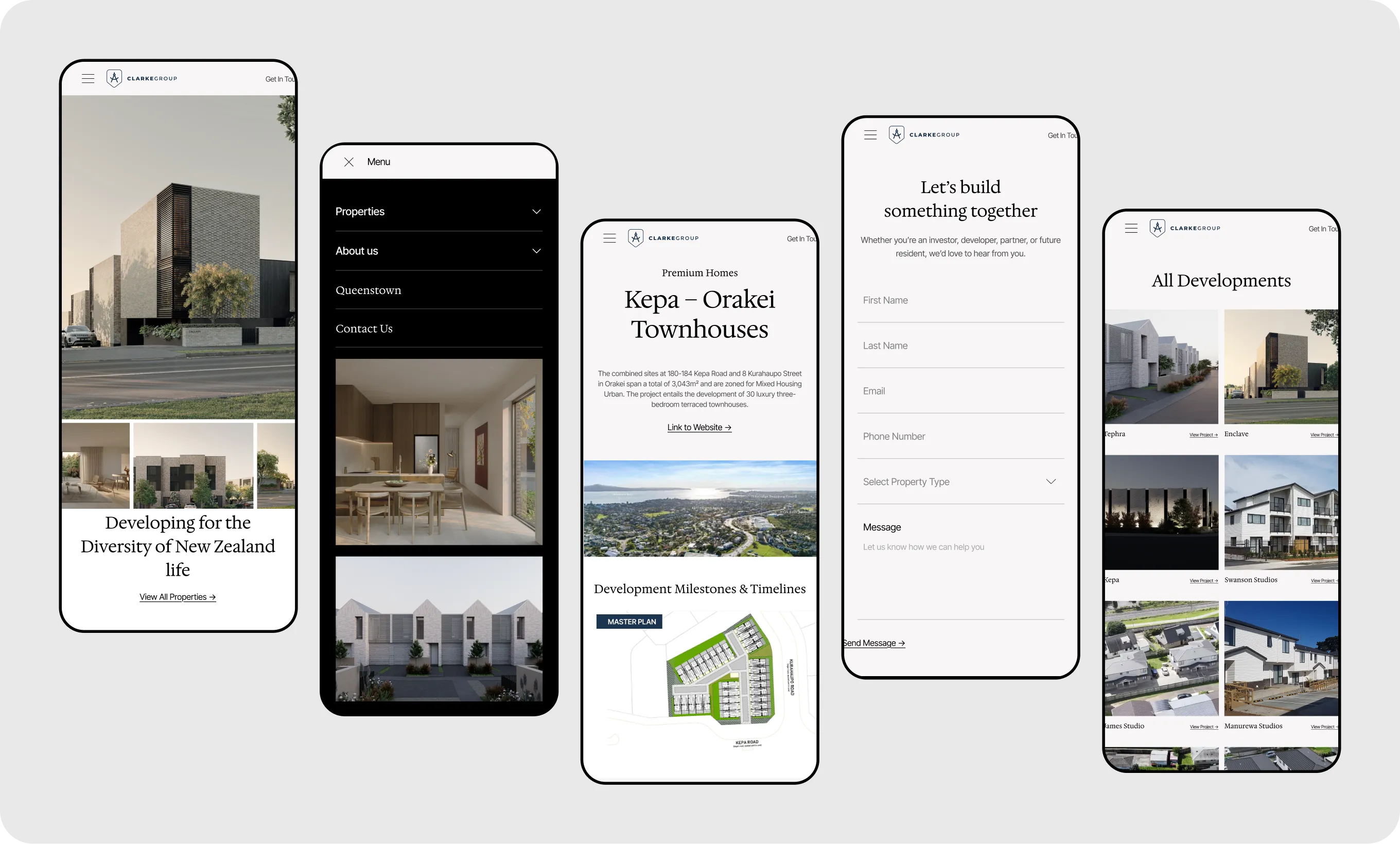 Five smartphone screens showing a real estate app with property listings, details, and contact form.