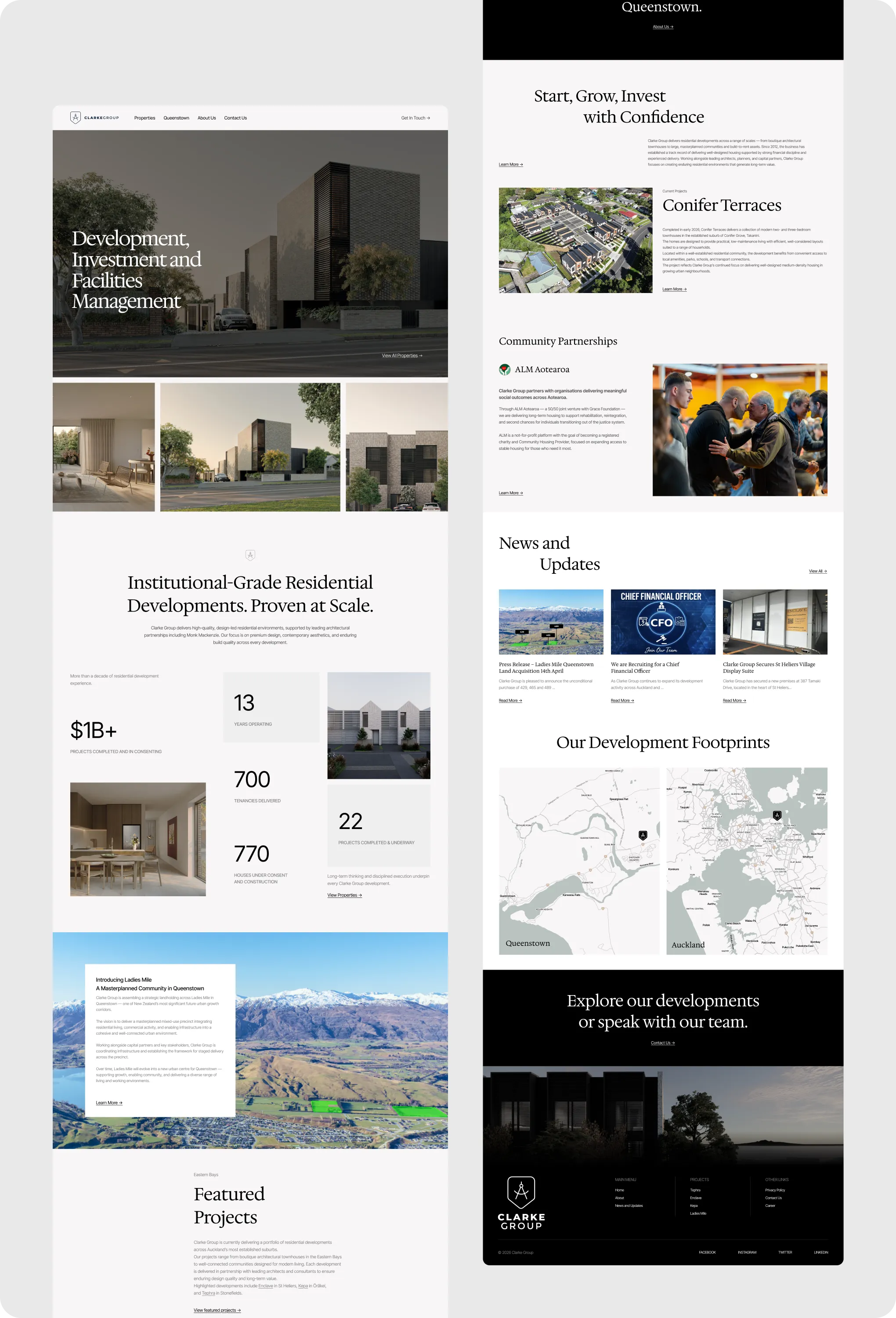 Website page showing Clarke Group's property development projects, investment stats, maps, and company info.