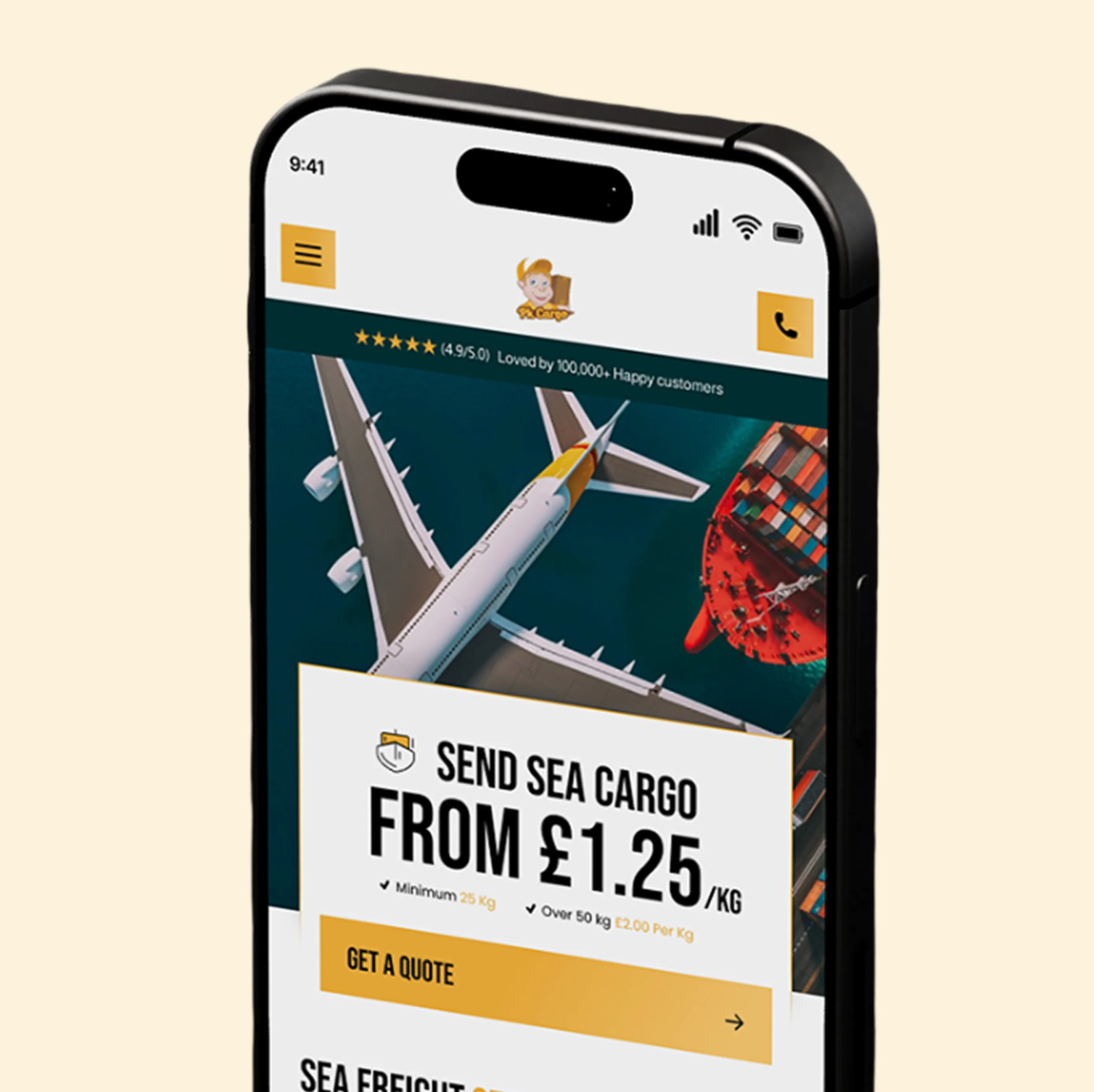 Smartphone screen showing sea cargo shipping rates from £1.25 per kg with an airplane and cargo ship image.