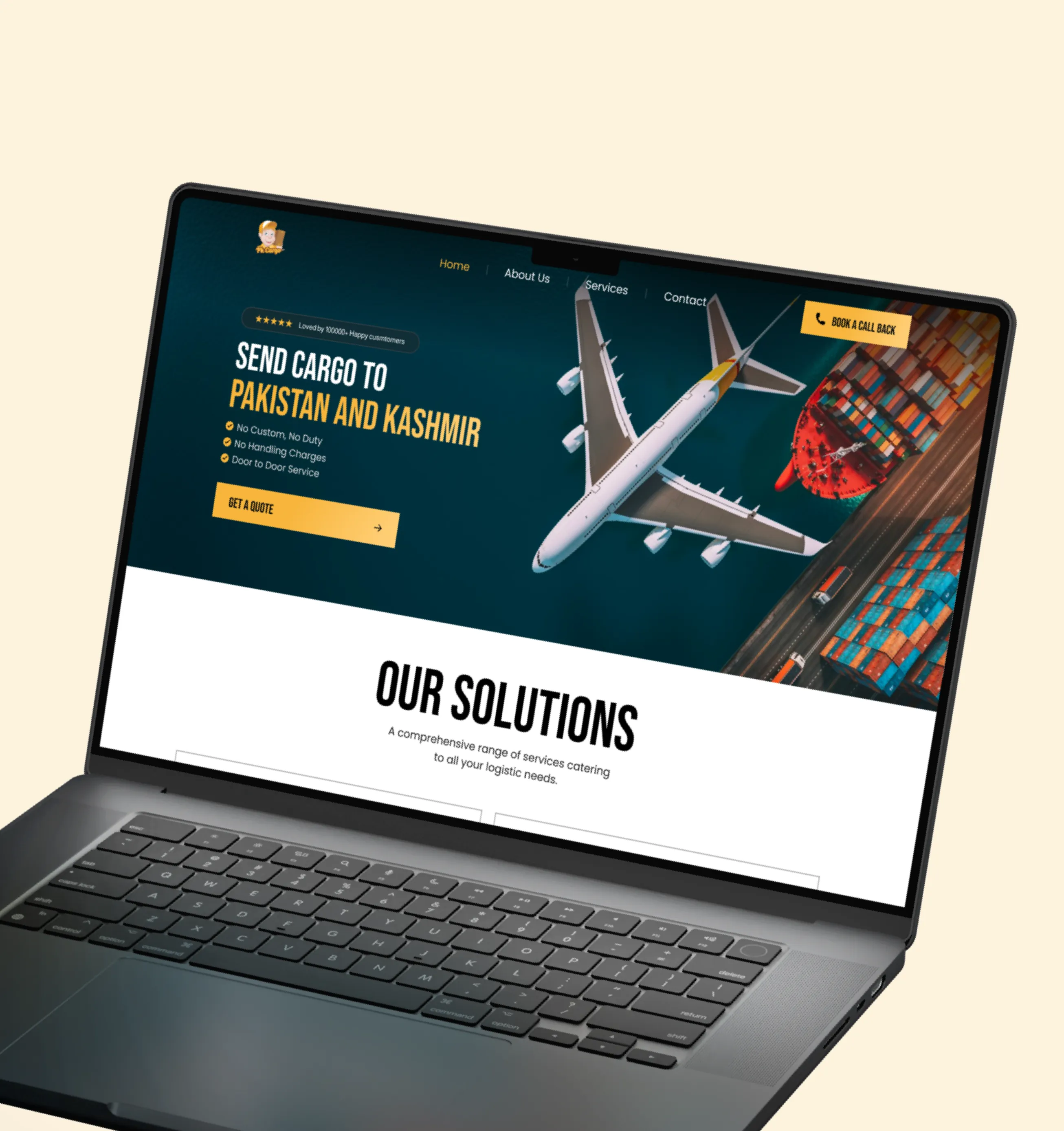 Laptop screen showing logistics website offering cargo shipping to Pakistan and Kashmir with plane and ship images.