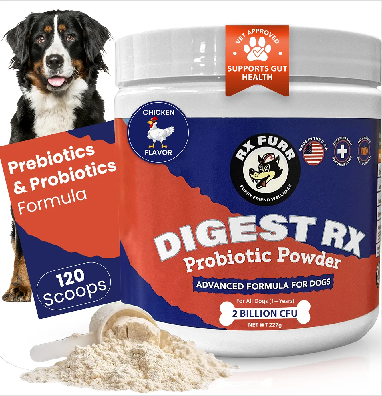Dog digestive probiotic powder in chicken flavor with prebiotics, probiotics, 120 scoops, vet approved.