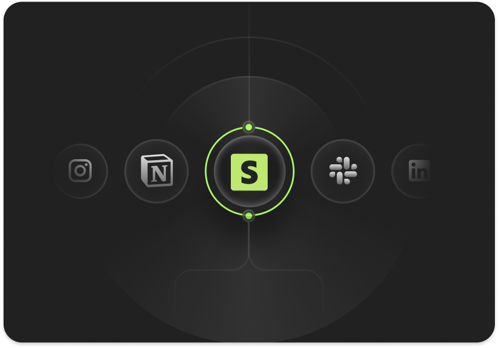 Icons of Instagram, Notion, Slack highlighted in green, Slack centered in user interface on dark background.