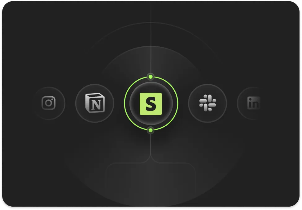 Icons of Instagram, Notion, Slack highlighted in green, Slack centered in user interface on dark background.