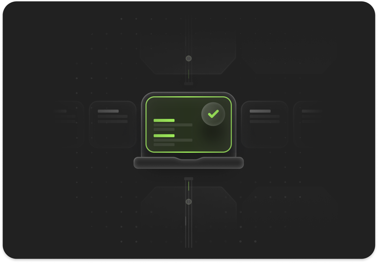 Glowing green outline of a laptop with checkmark on dark digital background.