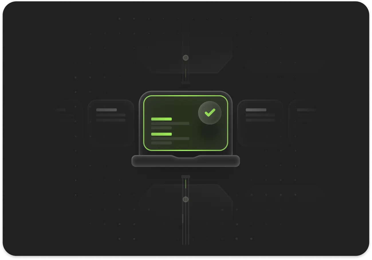 Glowing green outline of a laptop with checkmark on dark digital background.