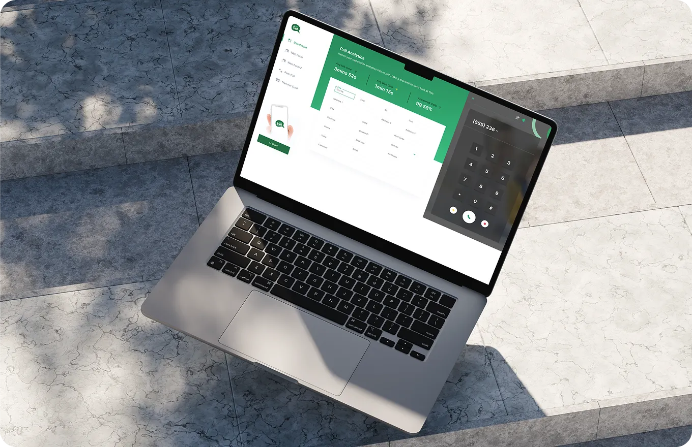 Laptop on steps showing call analytics dashboard with call duration, wait time, and a dial pad screen.