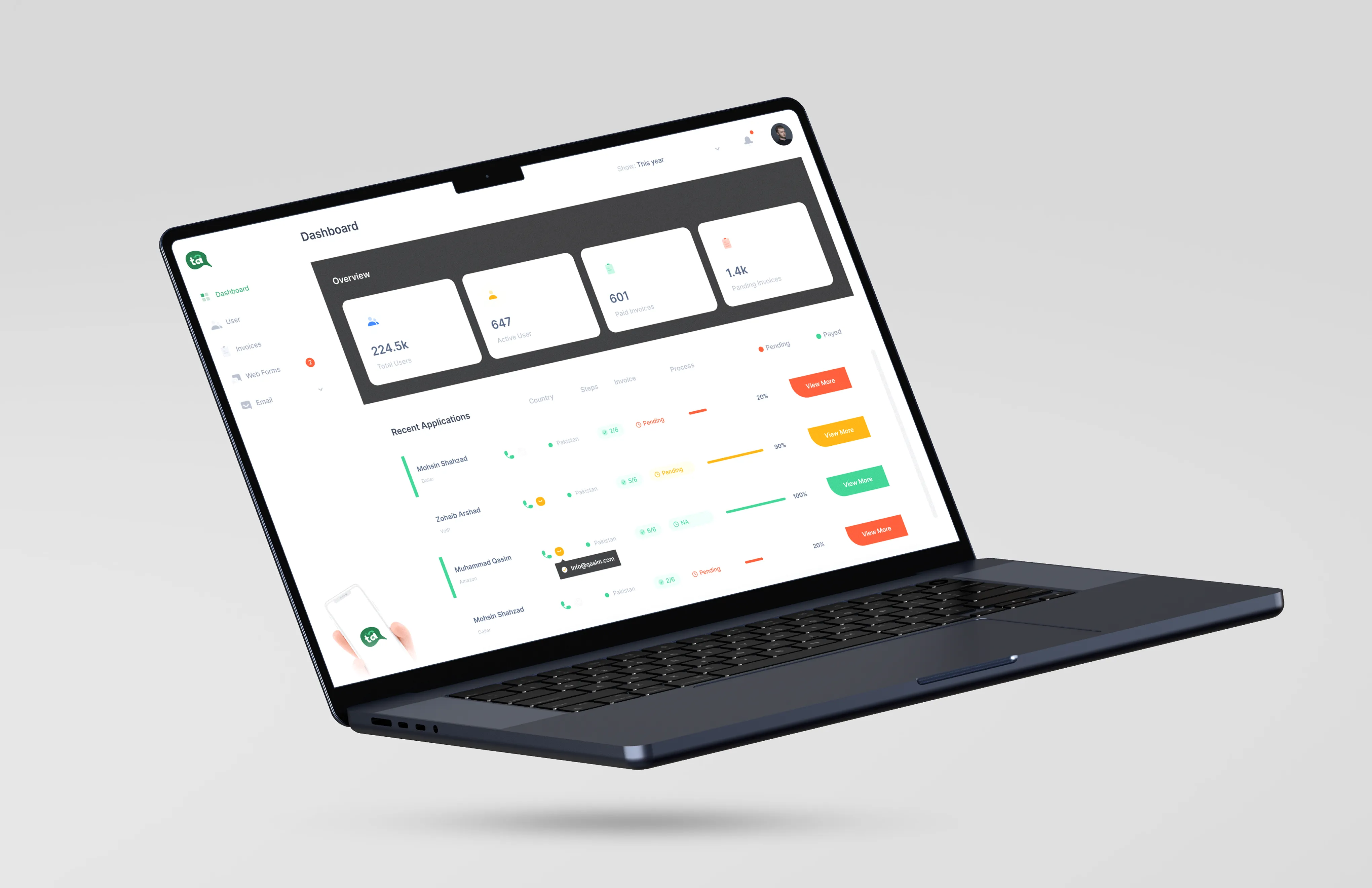 Laptop showing a dashboard with user stats, recent applications, and process progress bars.