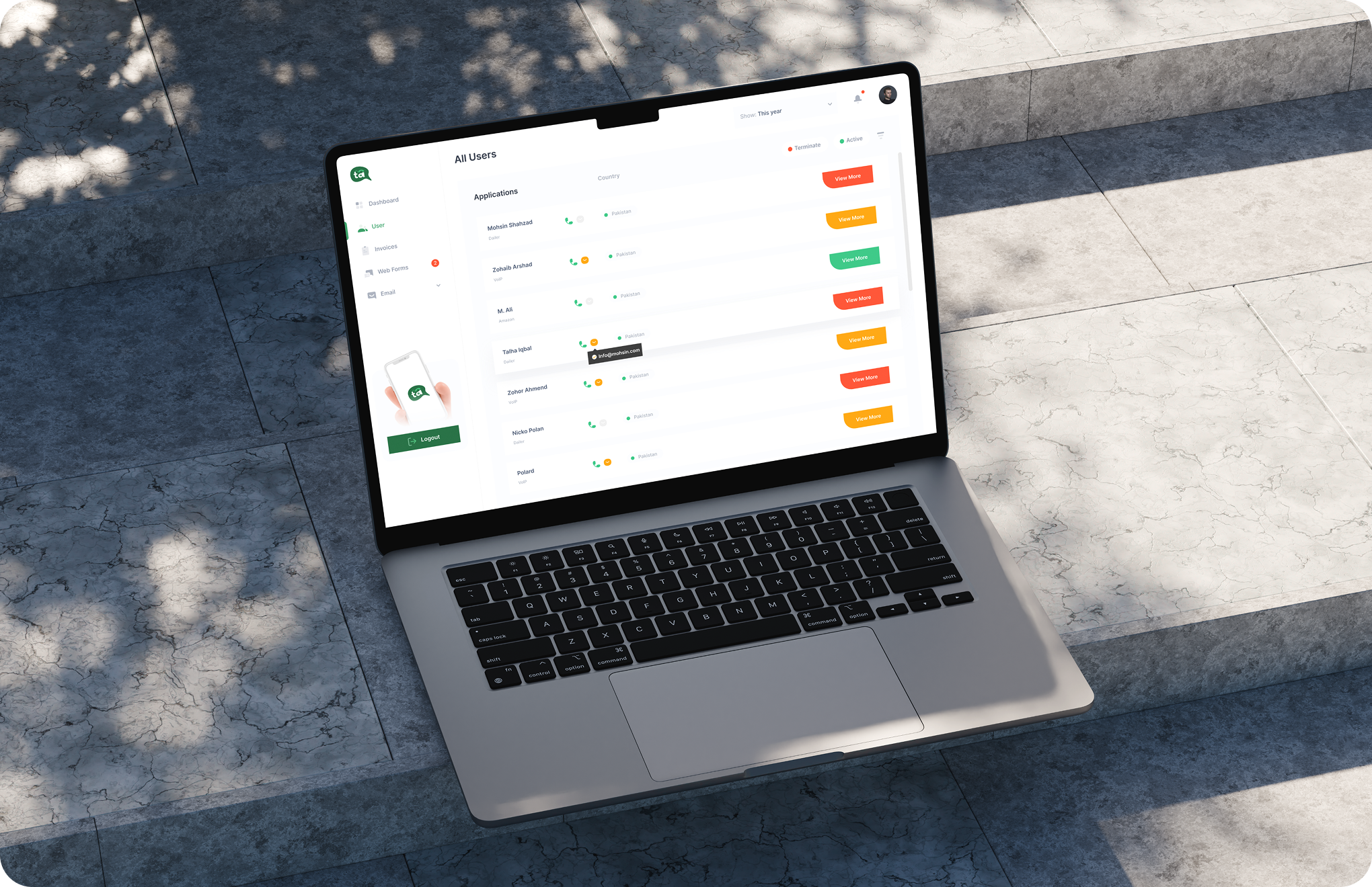 Laptop screen shows user dashboard with a list of applications and options to view more details.
