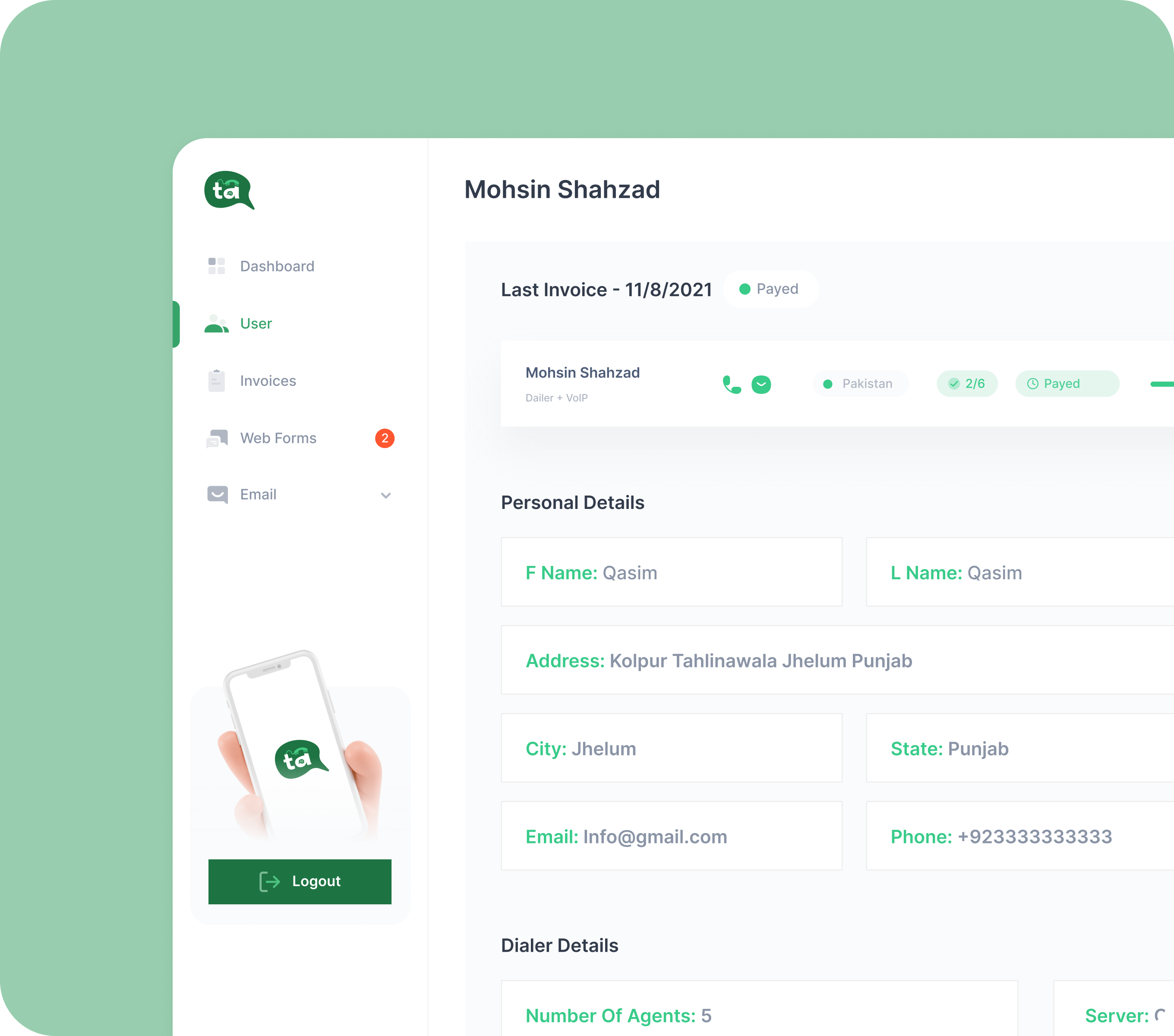 User profile dashboard showing Mohsin Shahzad's paid invoice and personal details including address and contact info.