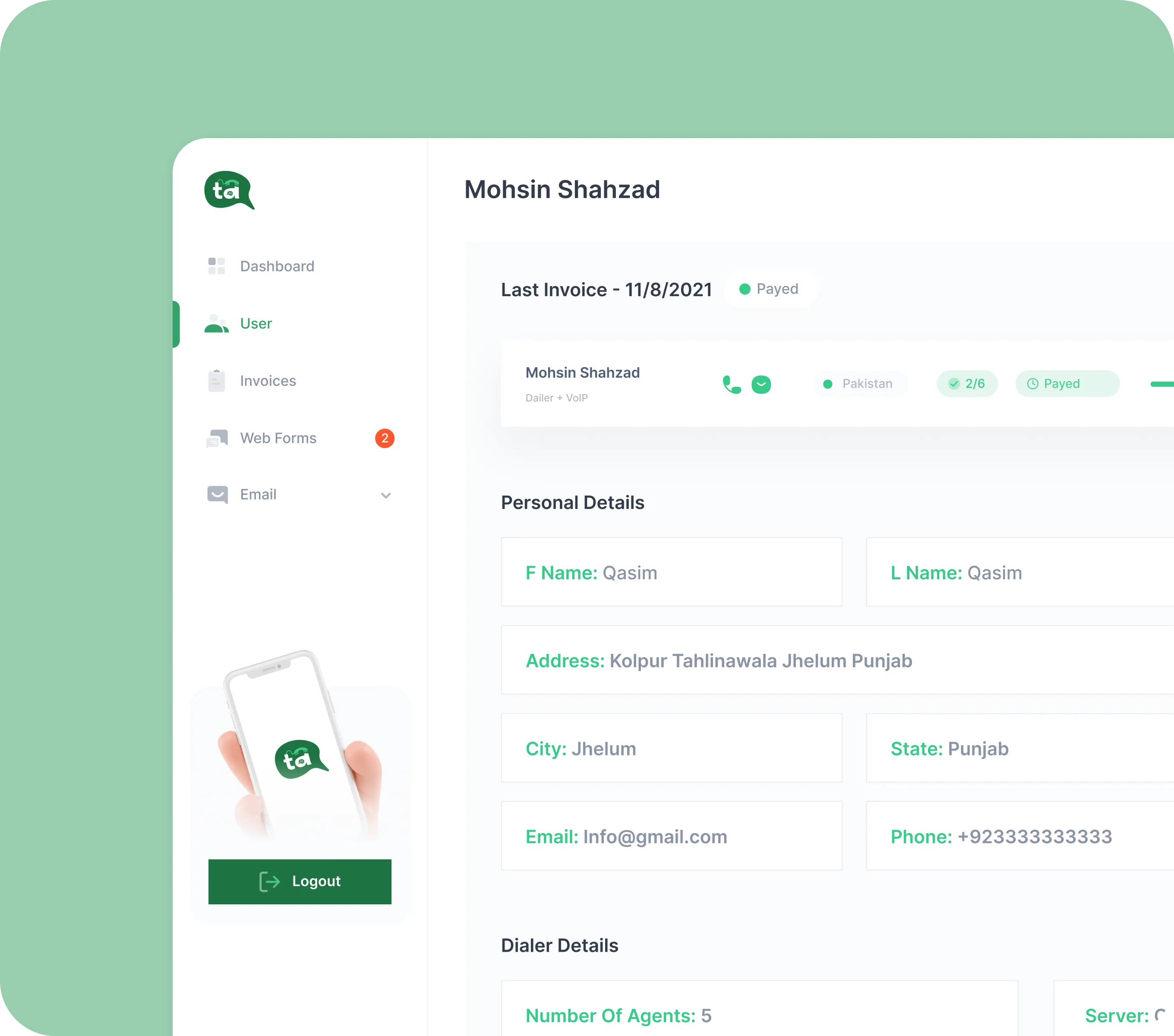 User profile dashboard showing Mohsin Shahzad's paid invoice and personal details including address and contact info.