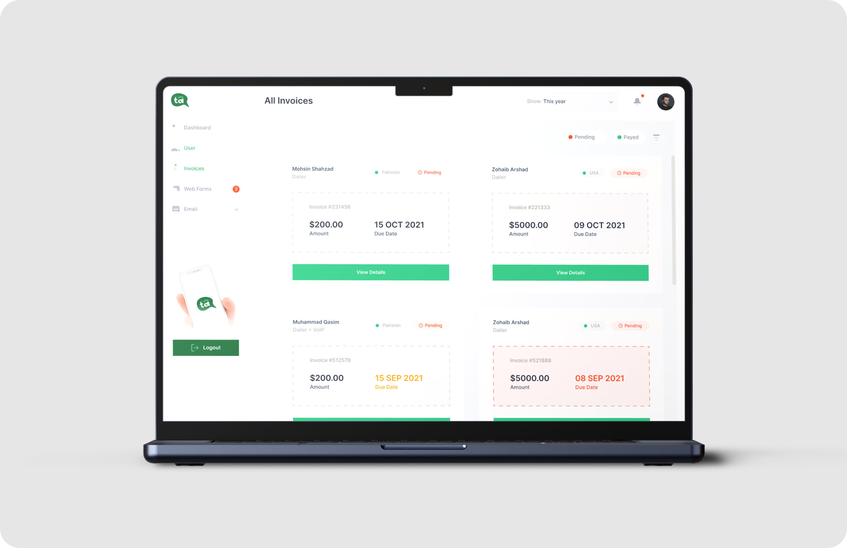 Laptop screen displaying an invoice dashboard with pending payments from different users in Pakistan and USA.