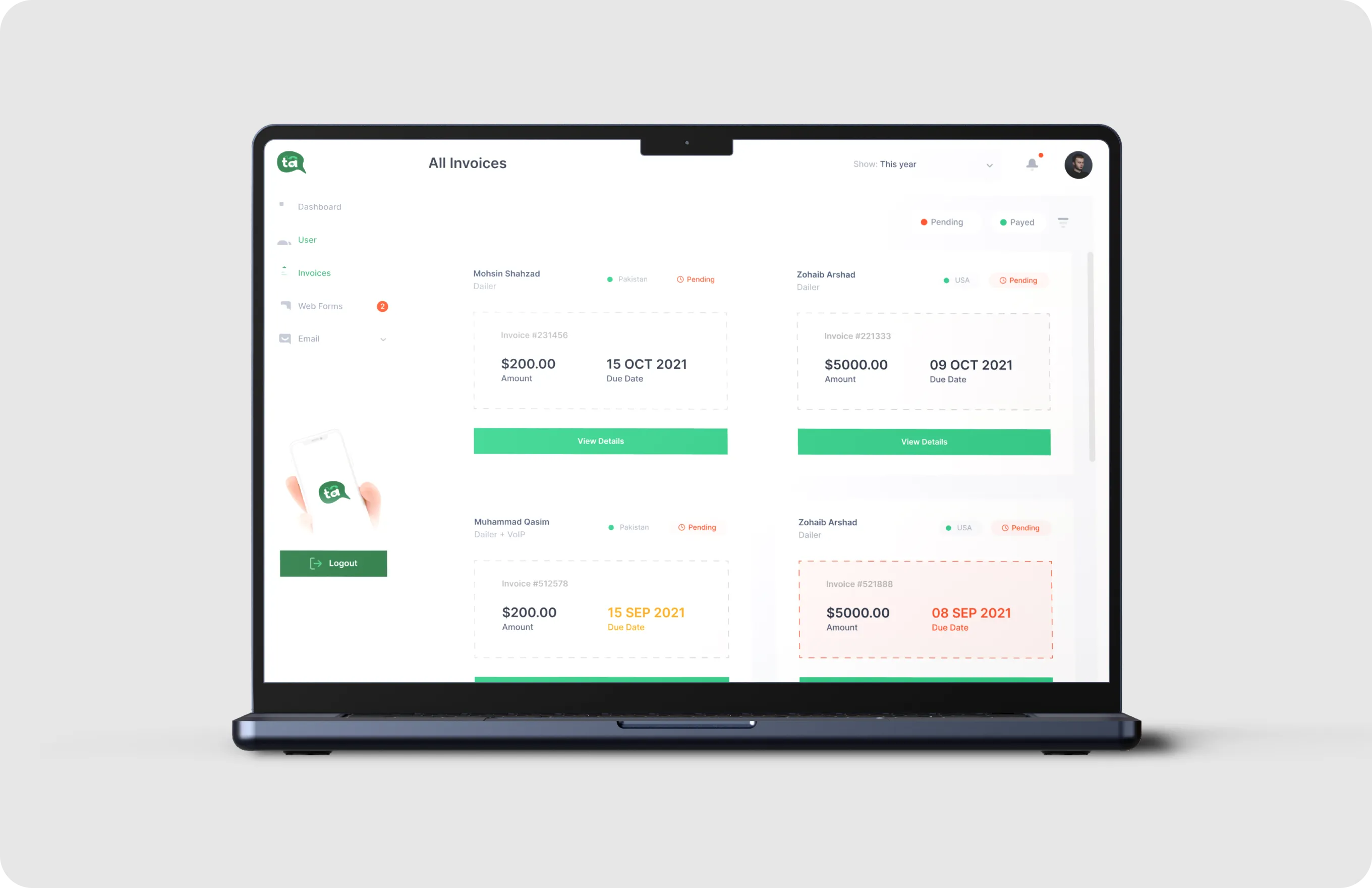 Laptop screen displaying an invoice dashboard with pending payments from different users in Pakistan and USA.