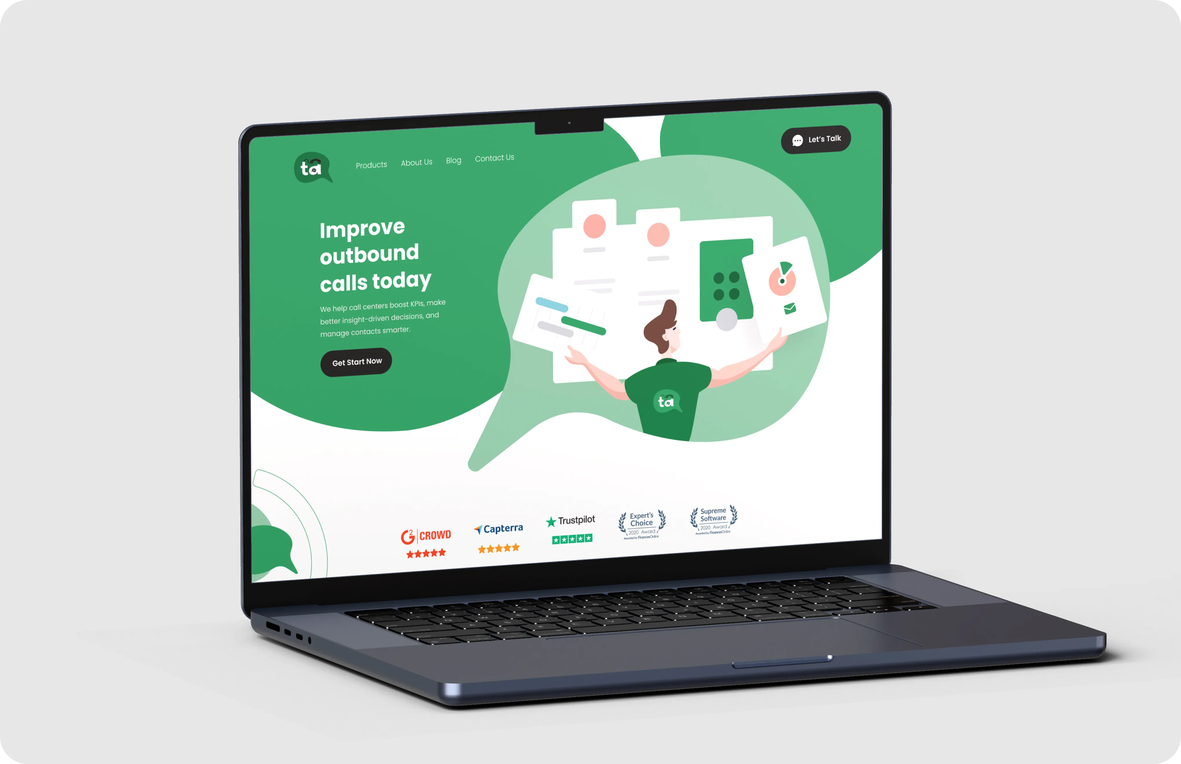 Laptop showing a call center webpage with green theme and a man holding data charts.