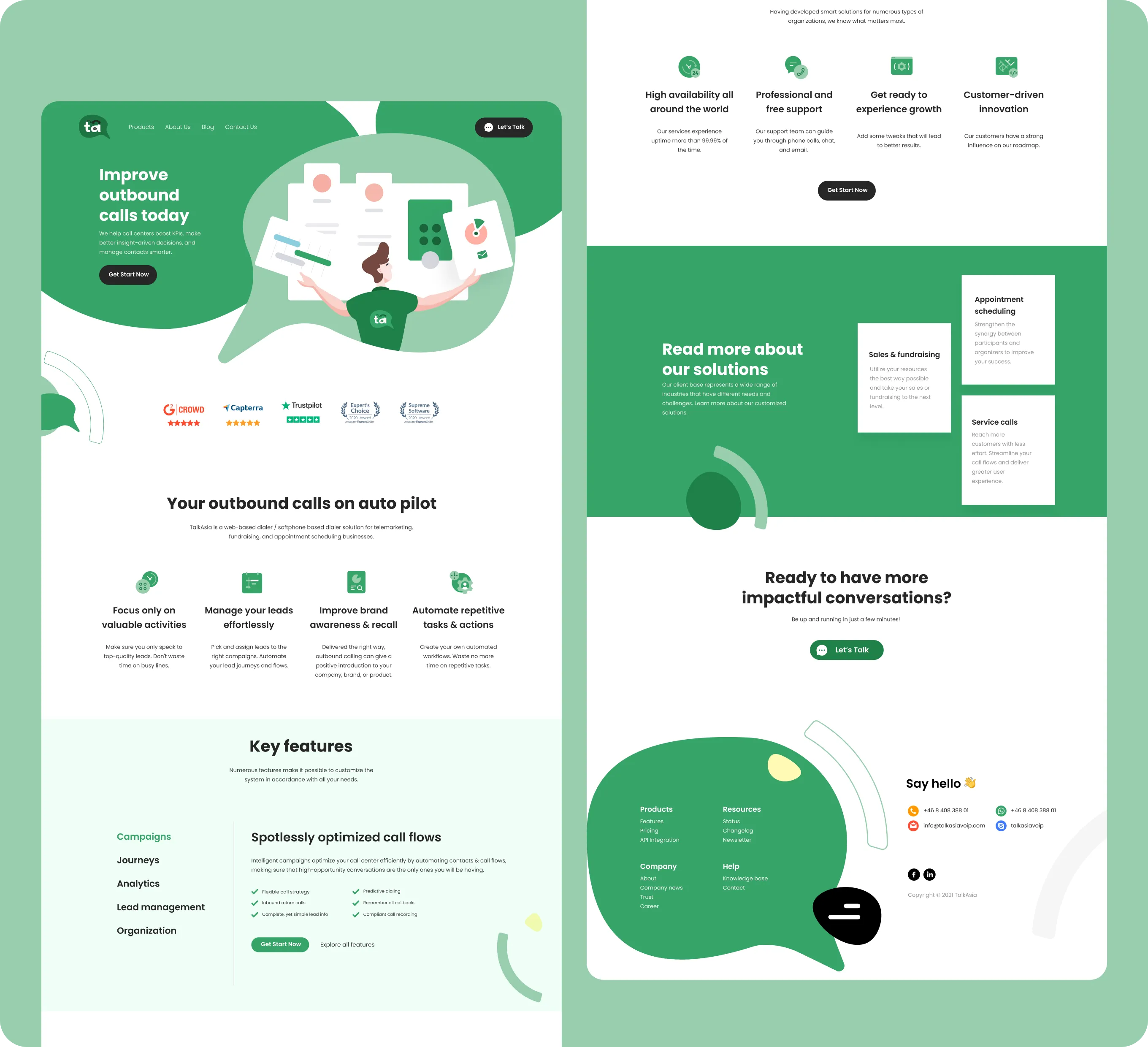 Website layout highlights outbound call solution features, benefits, customer ratings, and contact info.