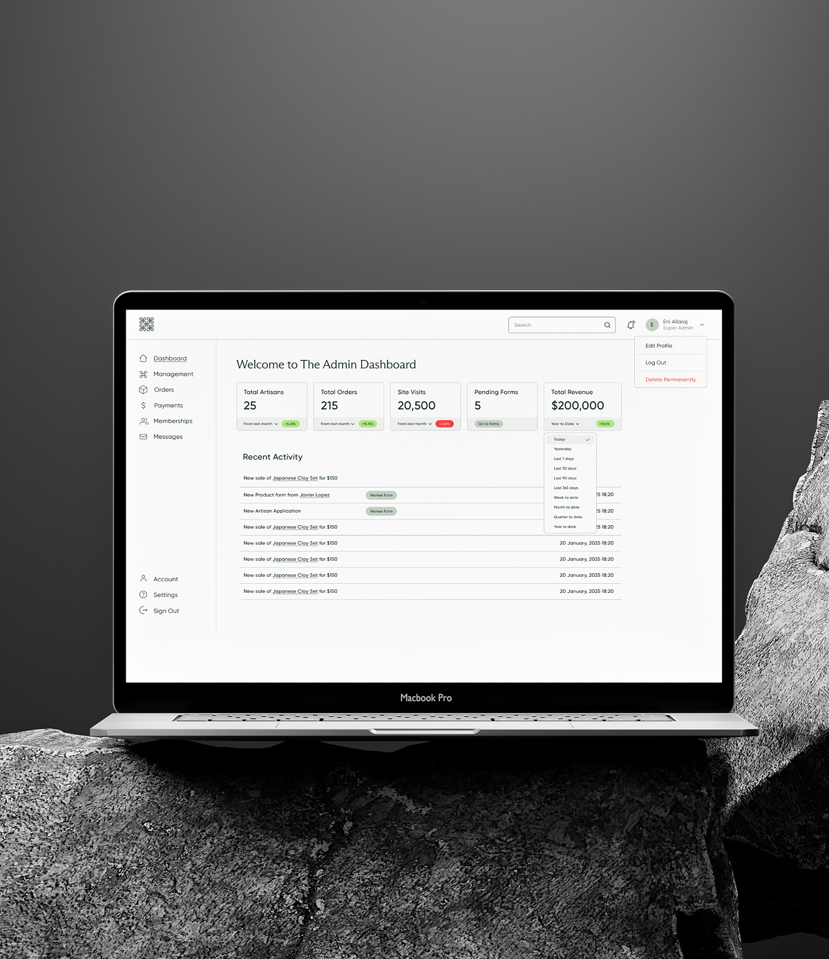 MacBook Pro showing an admin dashboard with stats, recent activity, and user menu on a gray rock background.