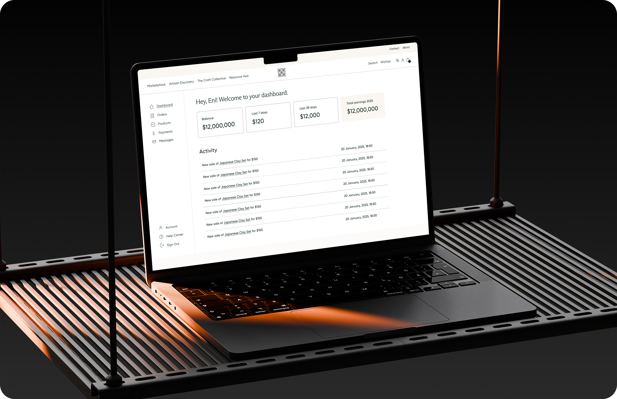 MacBook Pro displaying a dashboard with earnings, recent sales, and navigation menu on a dark background.