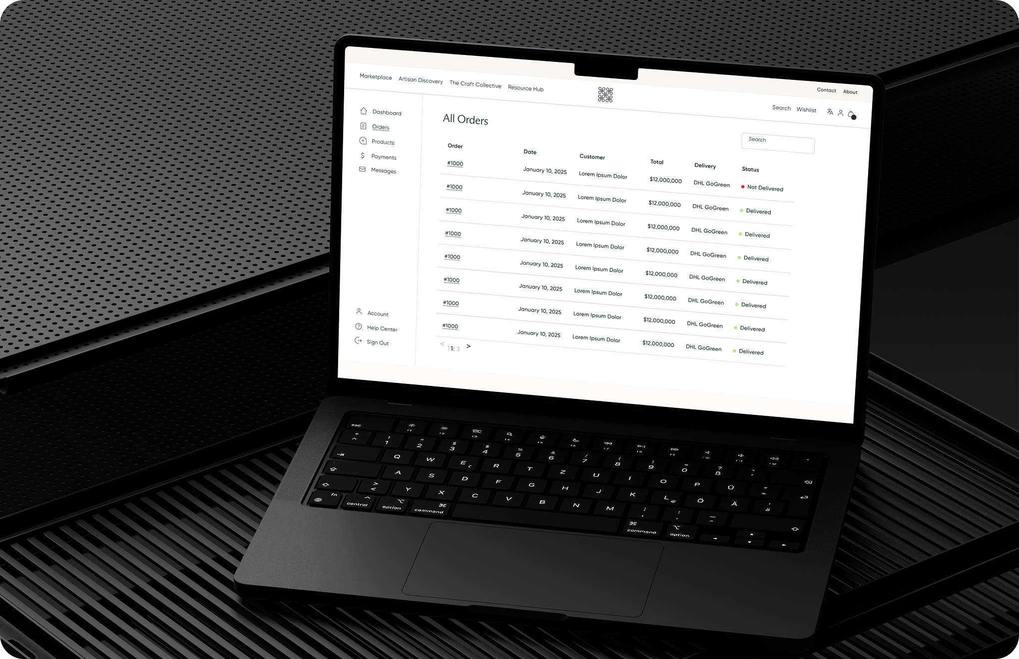 Black laptop on black surface showing an order management dashboard with statuses and delivery info.