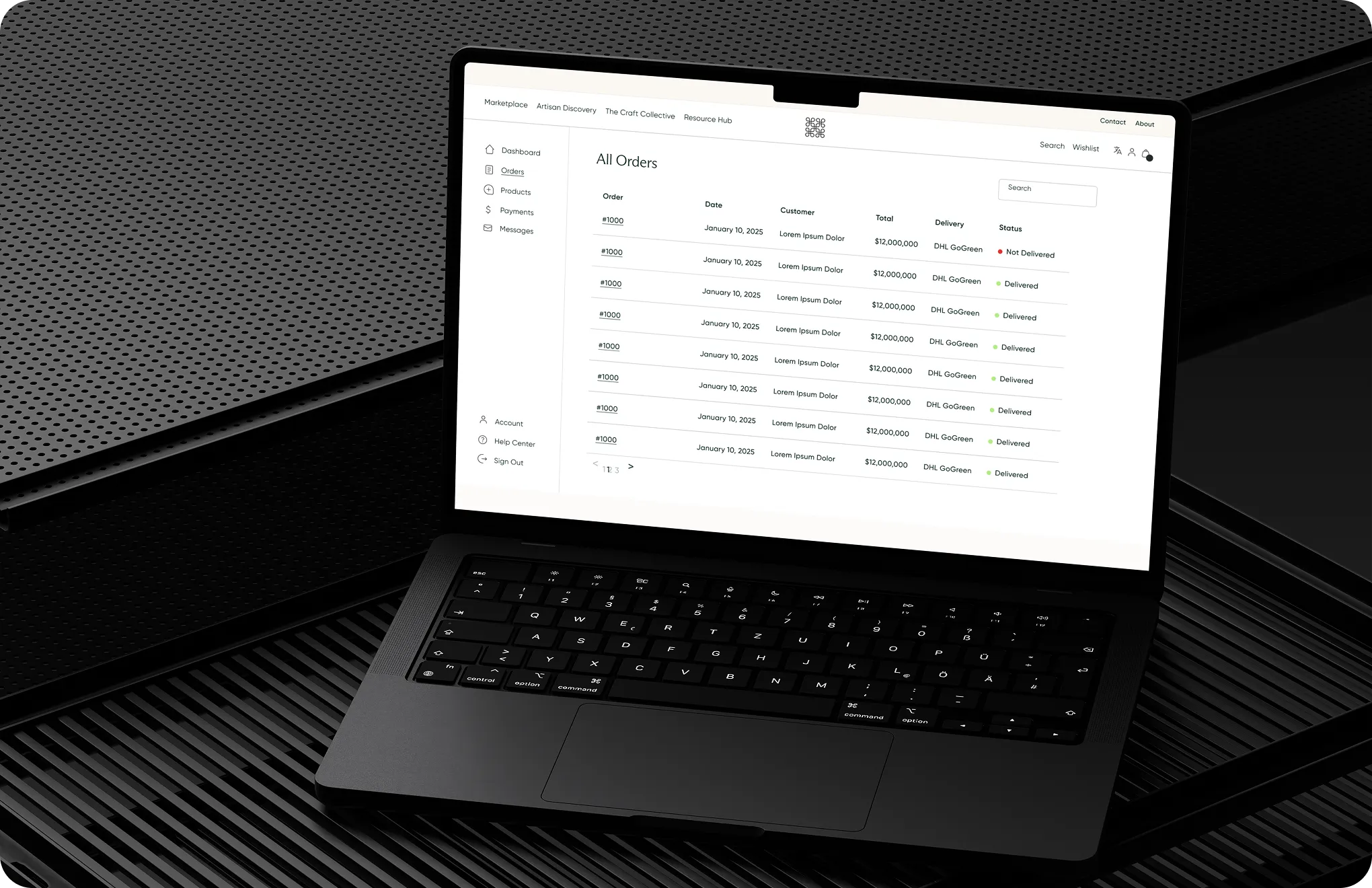Black laptop on black surface showing an order management dashboard with statuses and delivery info.