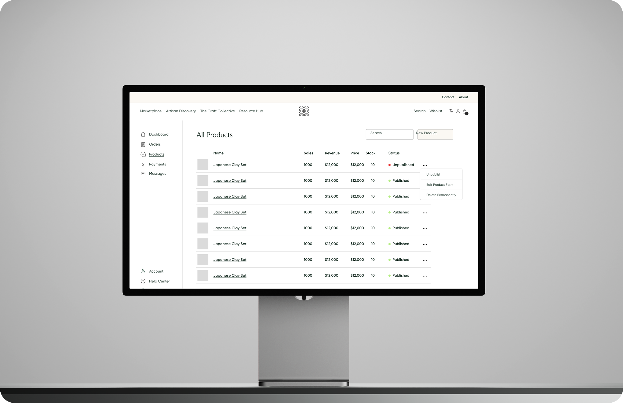 Computer screen showing product dashboard listing multiple Japanese Clay Set items with sales and status details.