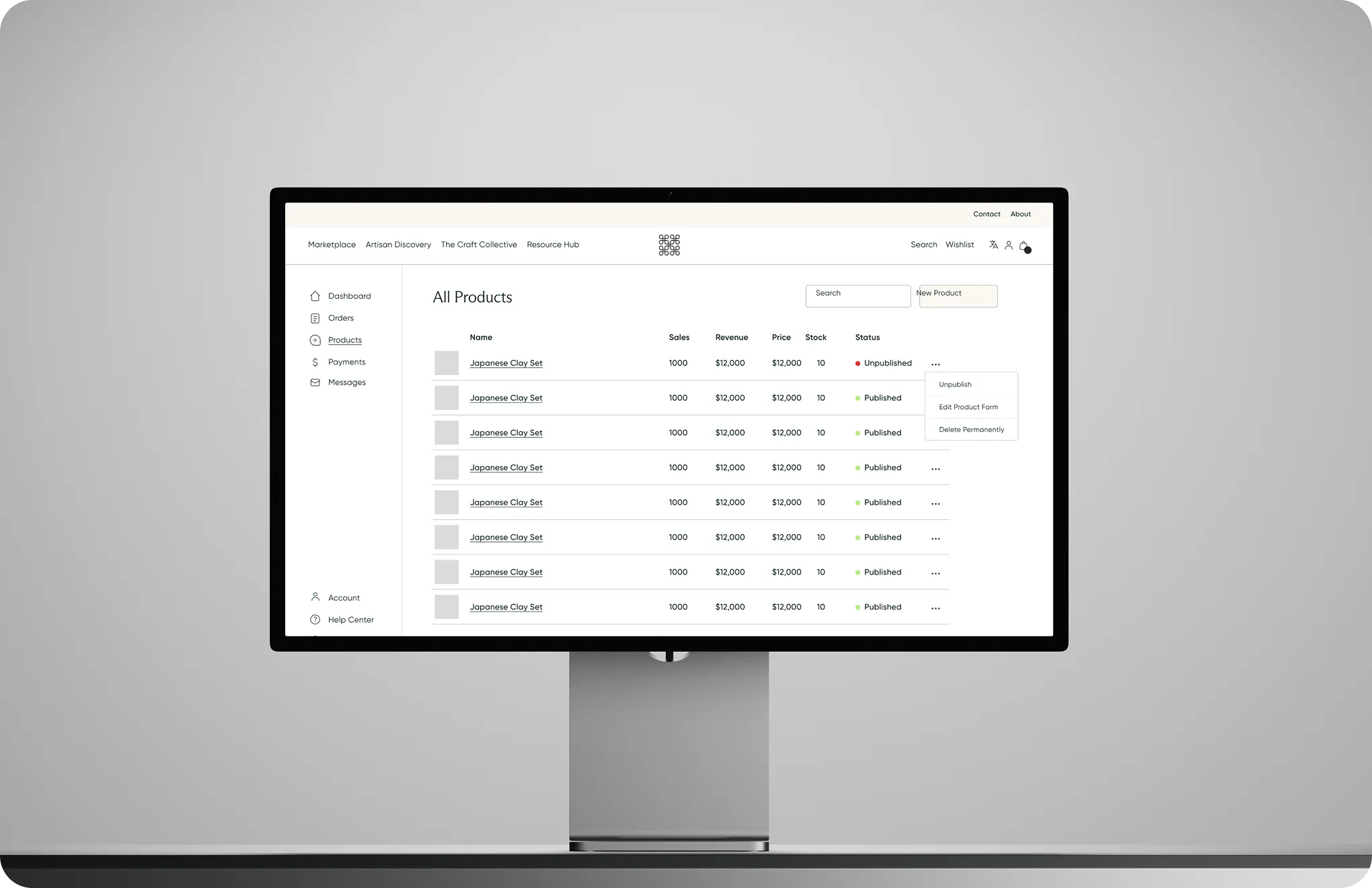 Computer screen showing product dashboard listing multiple Japanese Clay Set items with sales and status details.