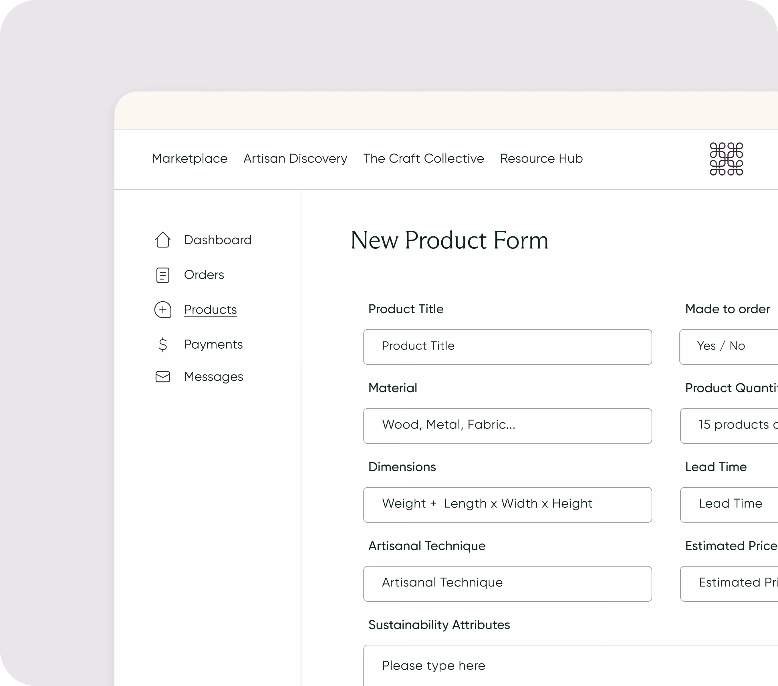 Dashboard interface showing New Product Form with fields for title, materials, dimensions, technique, and sustainability.