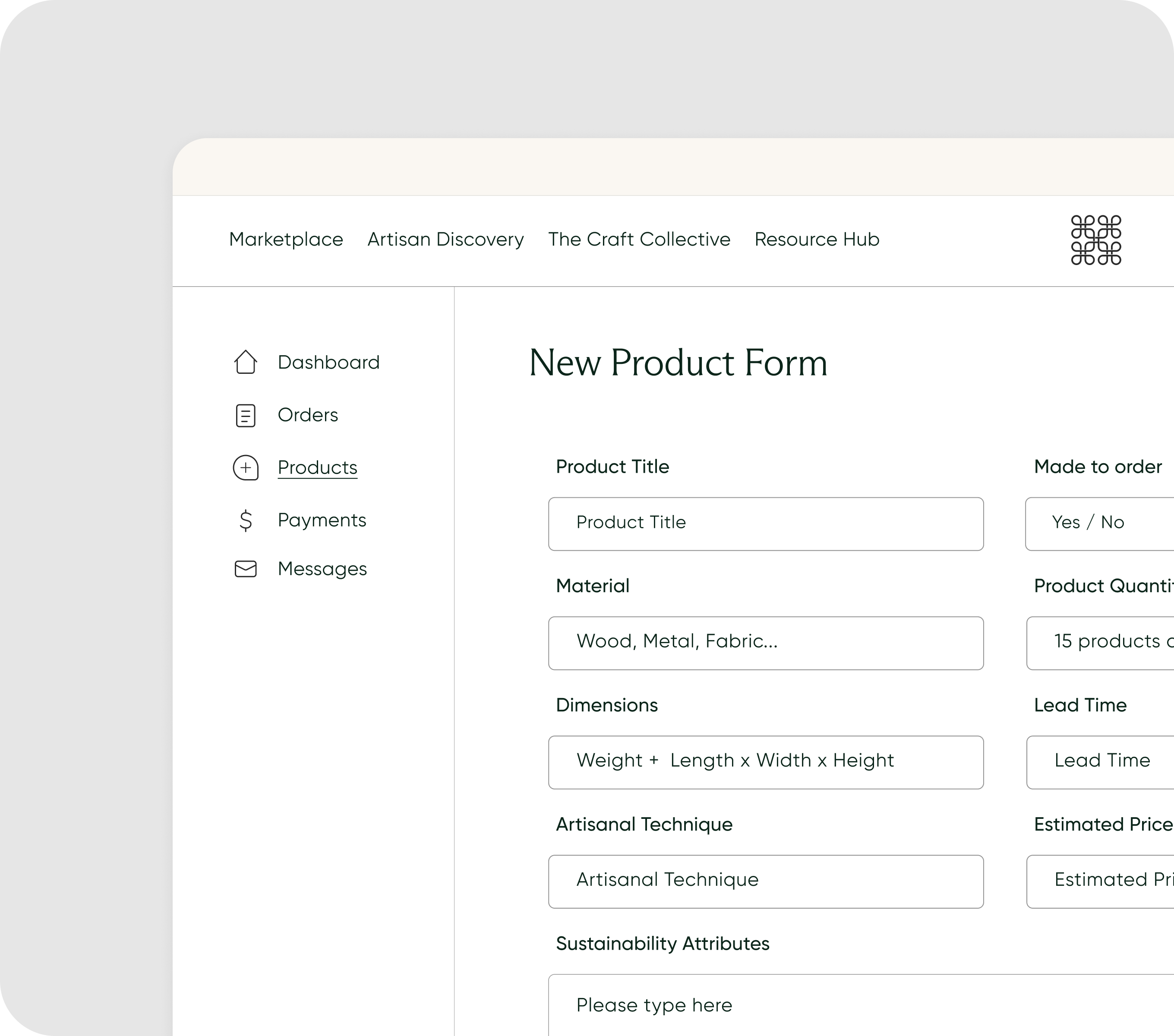 Dashboard interface showing New Product Form with fields for title, materials, dimensions, technique, and sustainability.