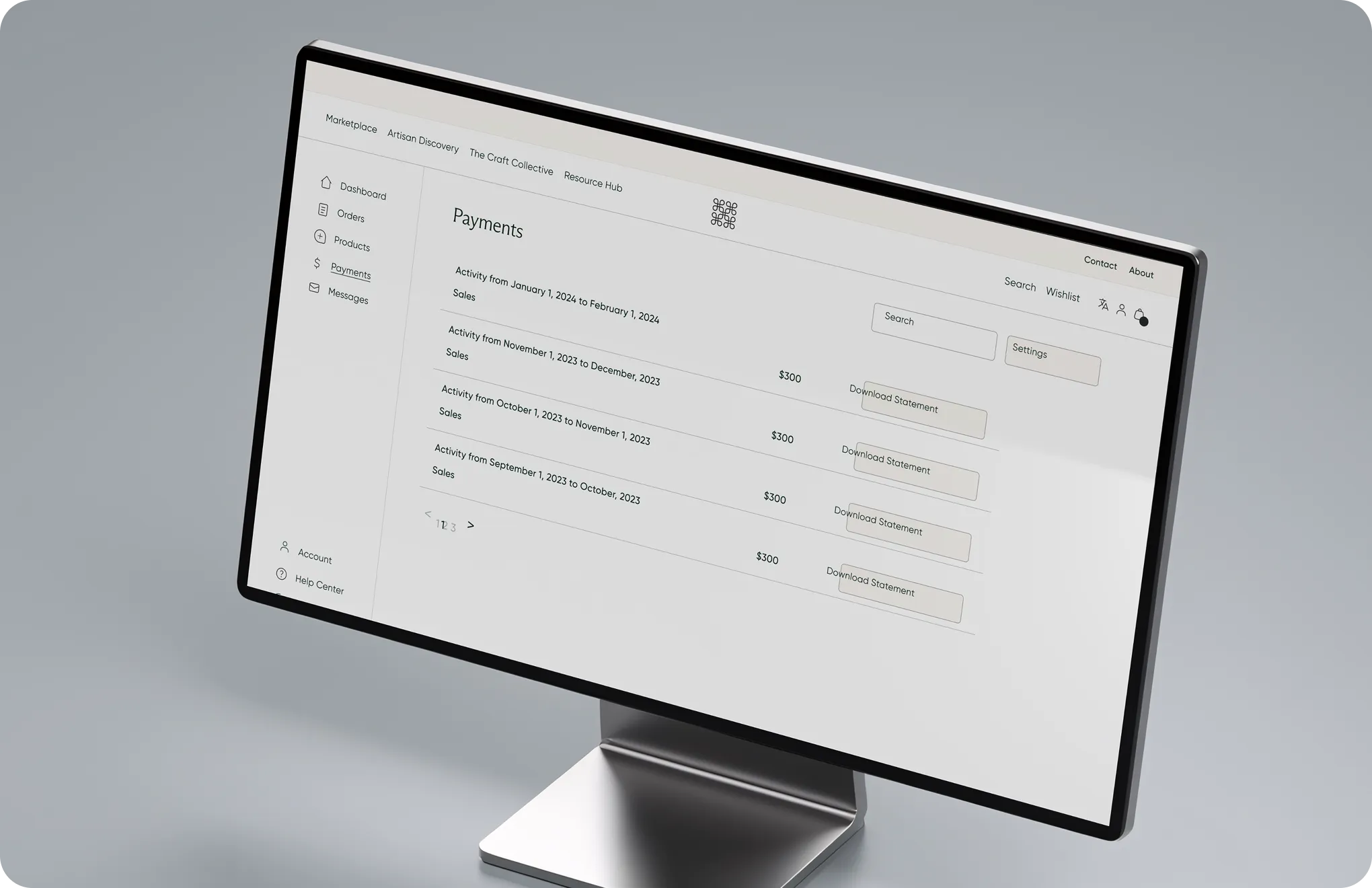Computer screen showing payments dashboard with sales activity, amounts, and download statement buttons.