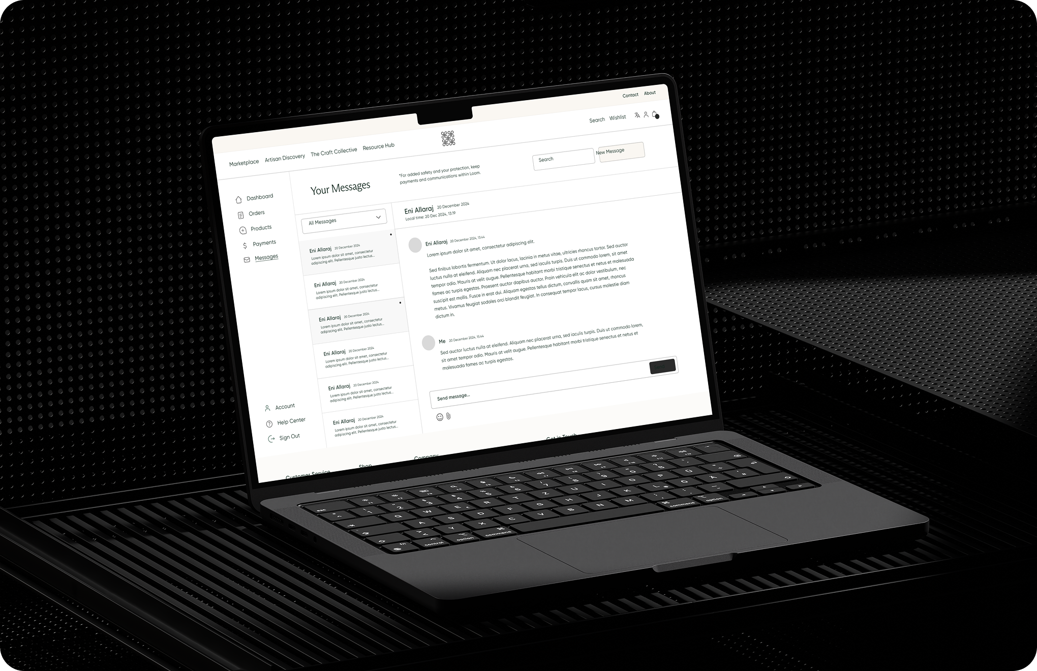 Black laptop with a messaging app open showing conversation lists and message details on screen.