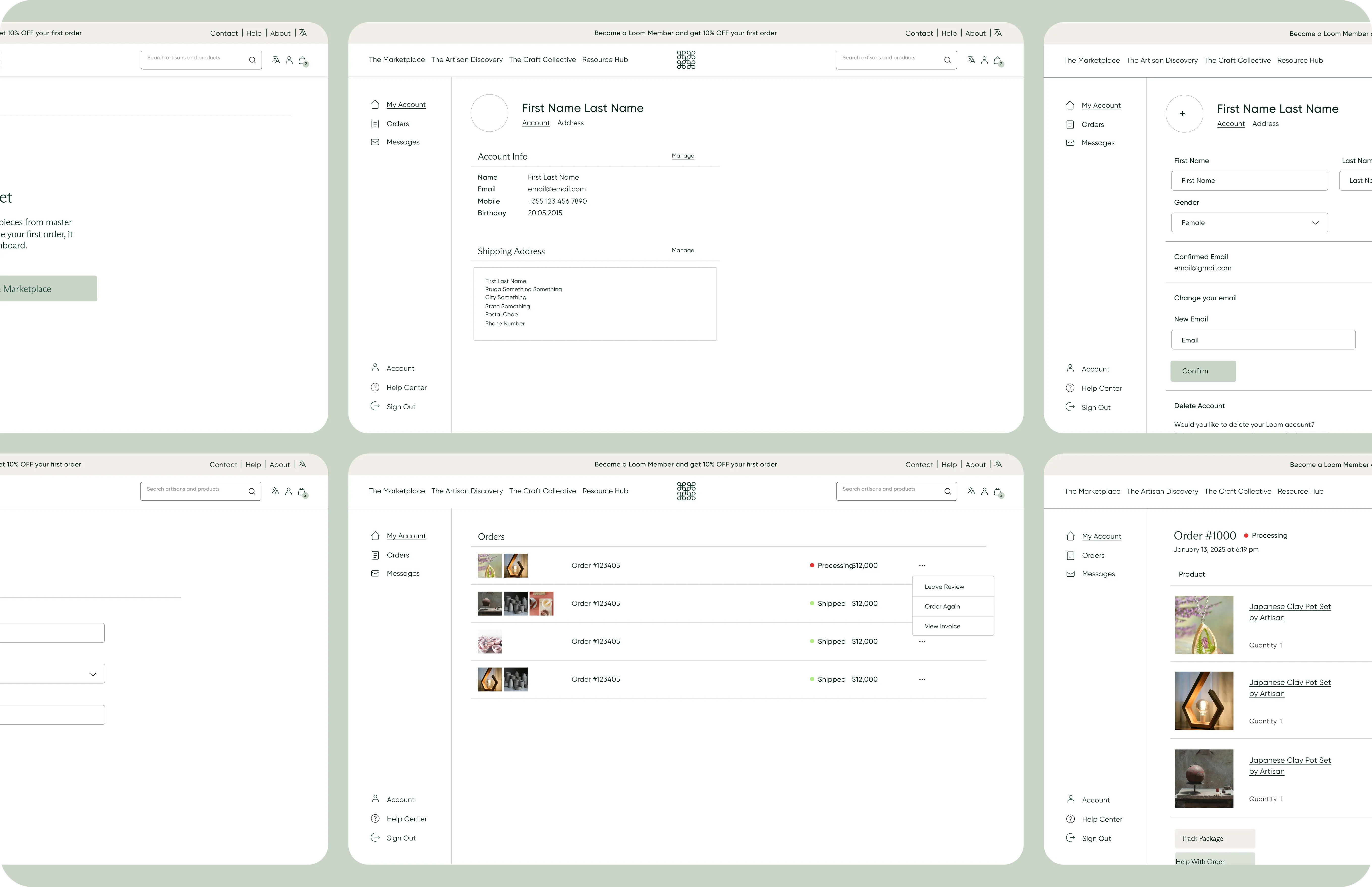 User account dashboard with sections for personal info, orders list, order details, and profile editing on desktop.