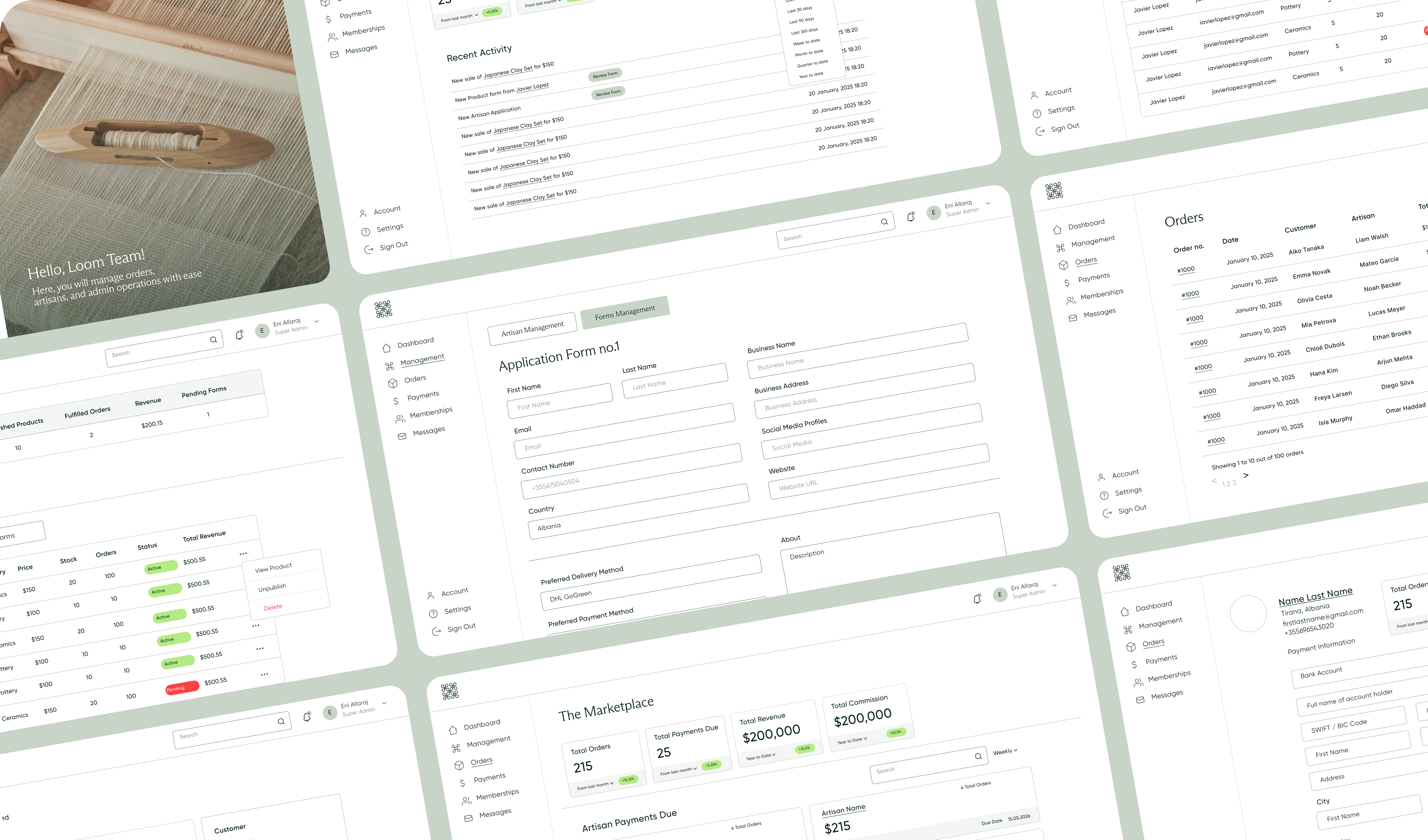 Dashboard user interface showing management forms, orders, payments, artisan data, and marketplace stats.