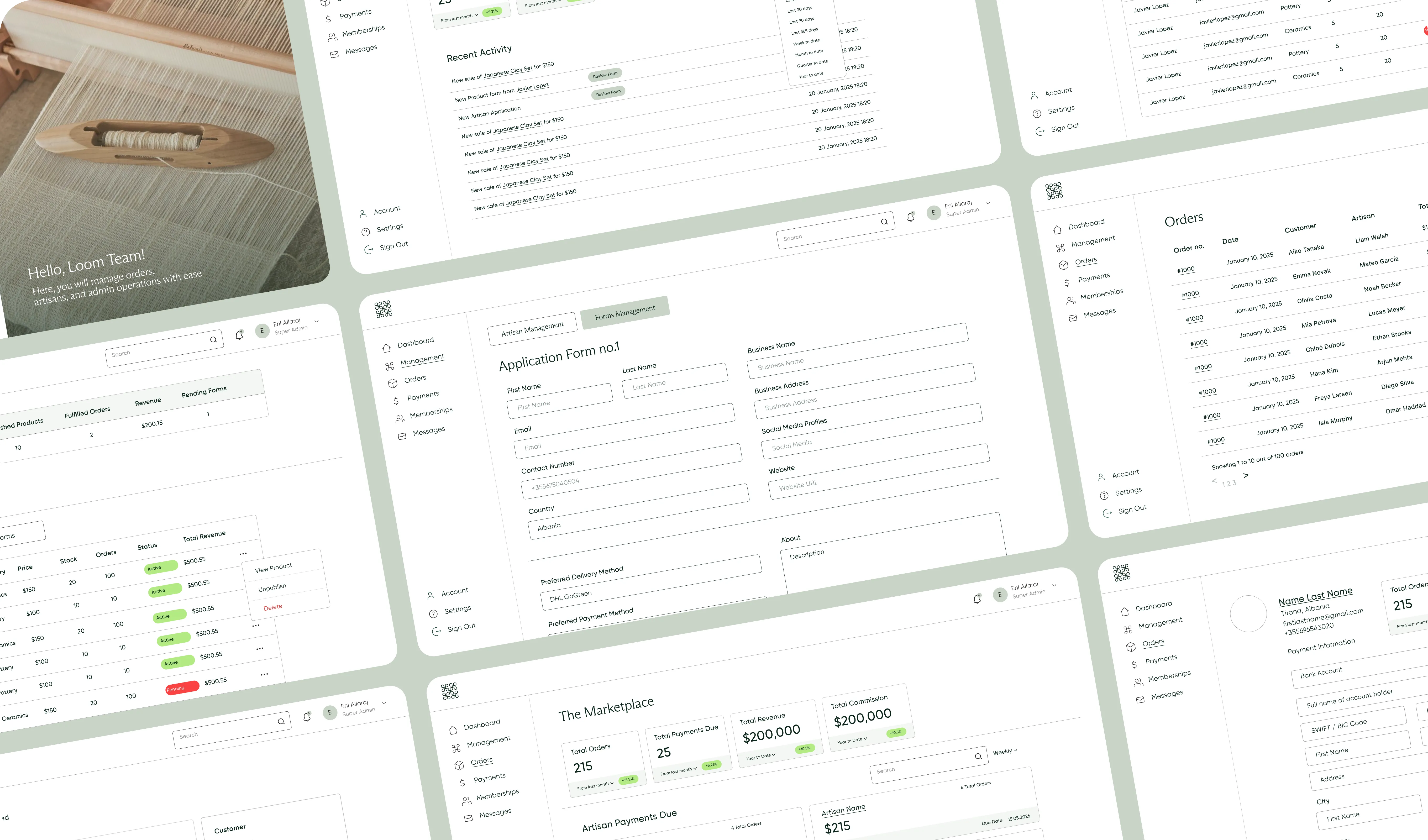 Dashboard user interface showing management forms, orders, payments, artisan data, and marketplace stats.