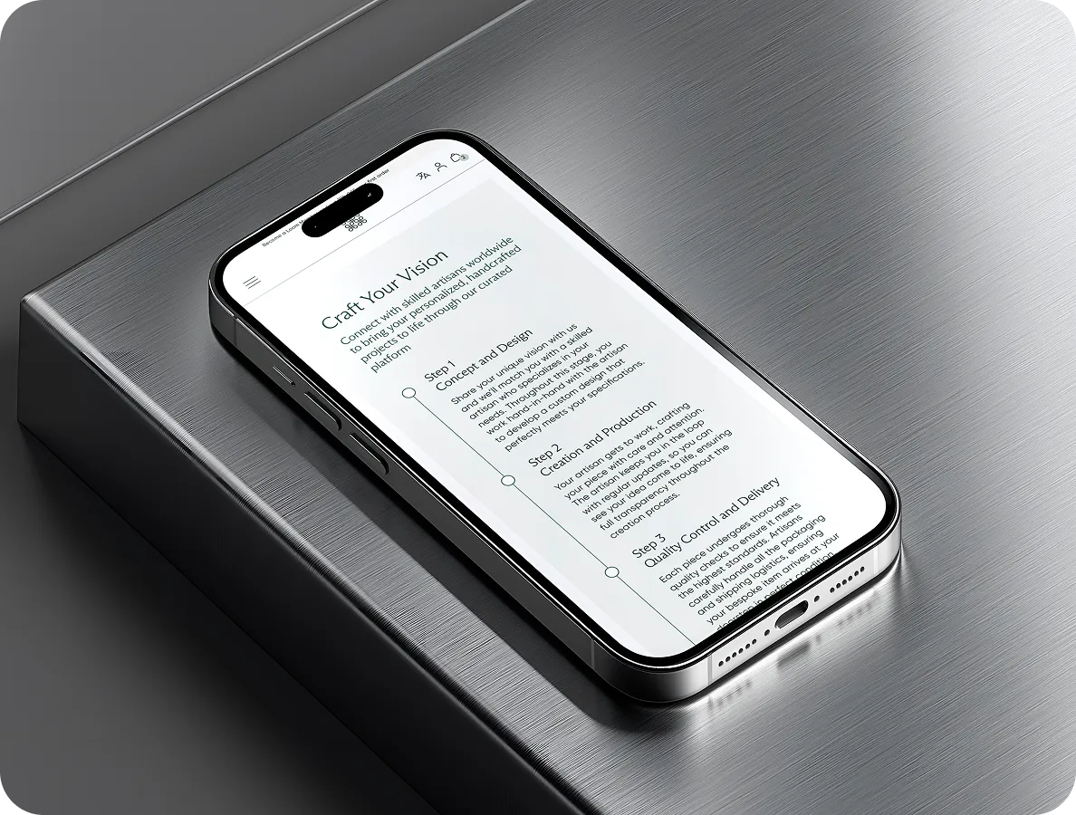 Smartphone on brushed metal surface showing a webpage on crafting visions with artisans in three steps.