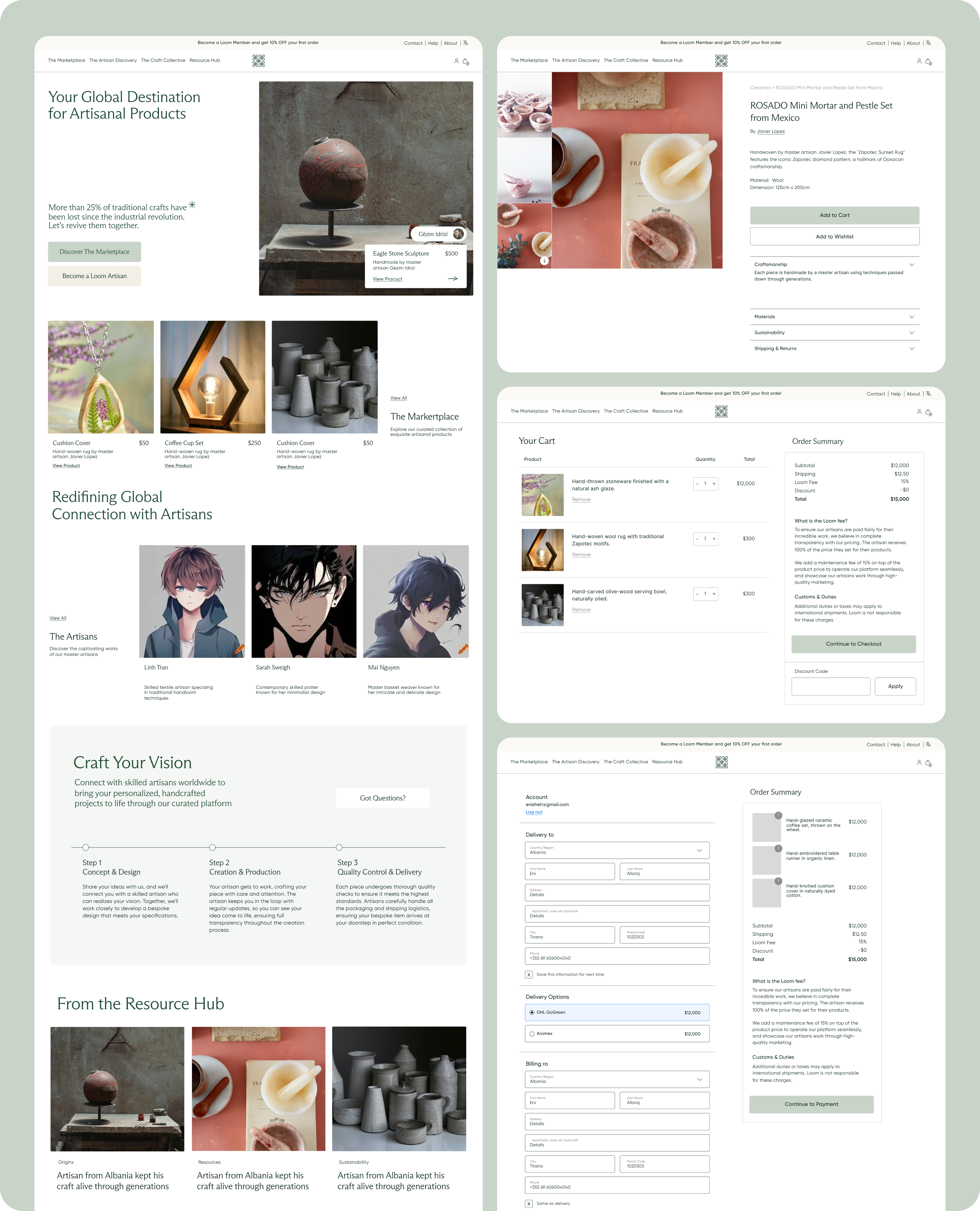 Website pages showing artisanal product marketplace, product details, shopping cart, and checkout forms.