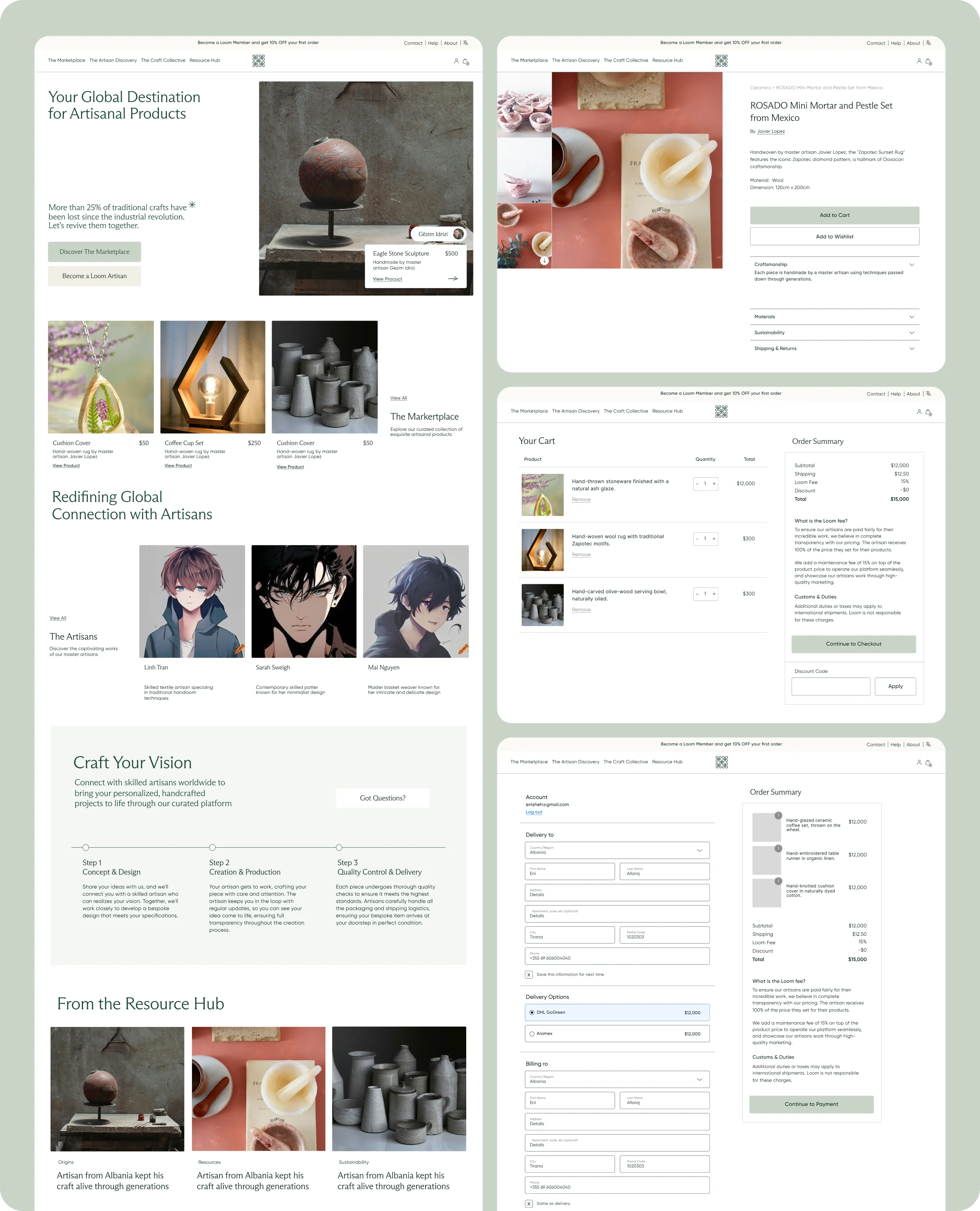 Website pages showing artisanal product marketplace, product details, shopping cart, and checkout forms.