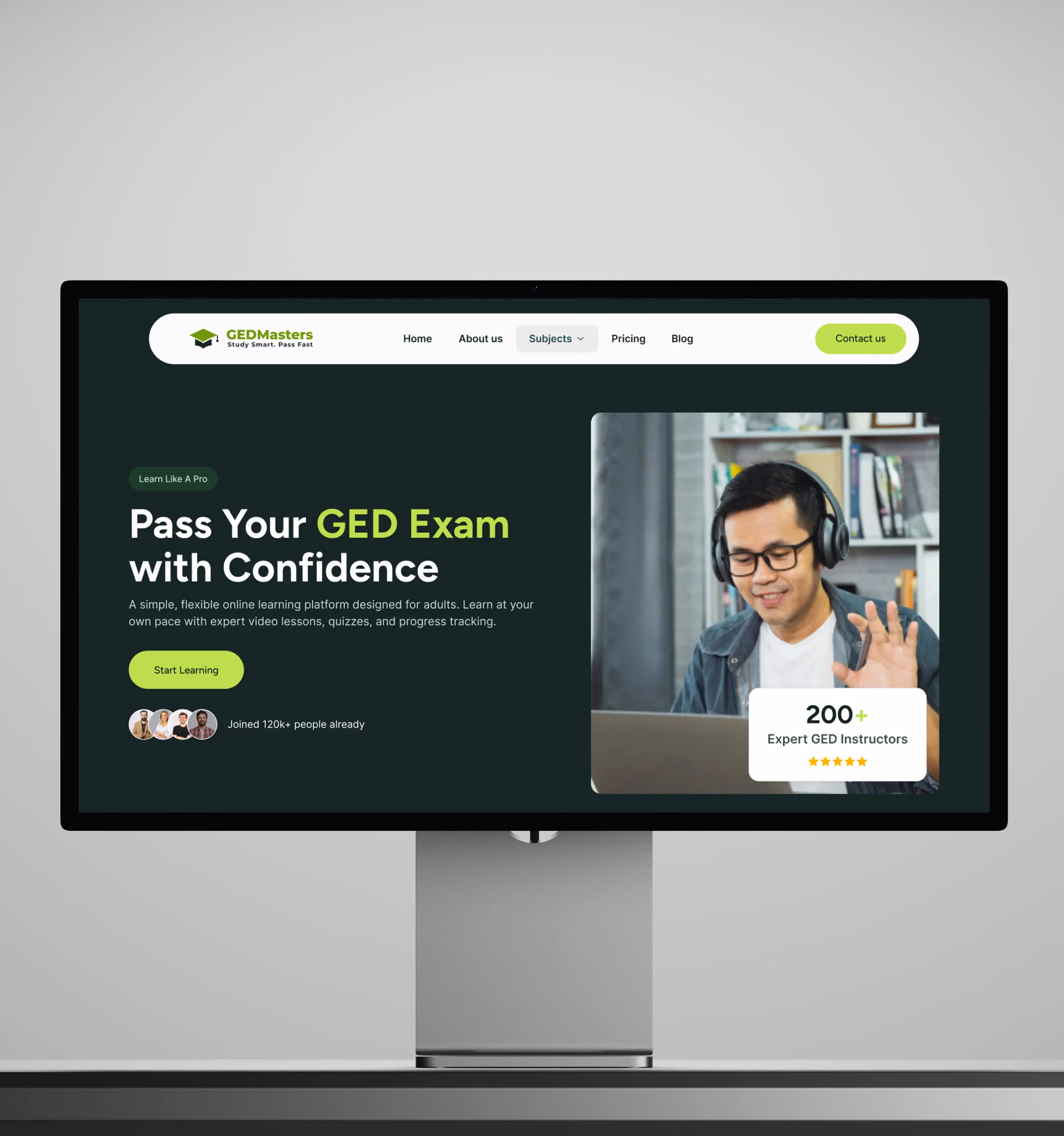 GED Masters website homepage promoting passing the GED exam with expert instructors and flexible online learning.