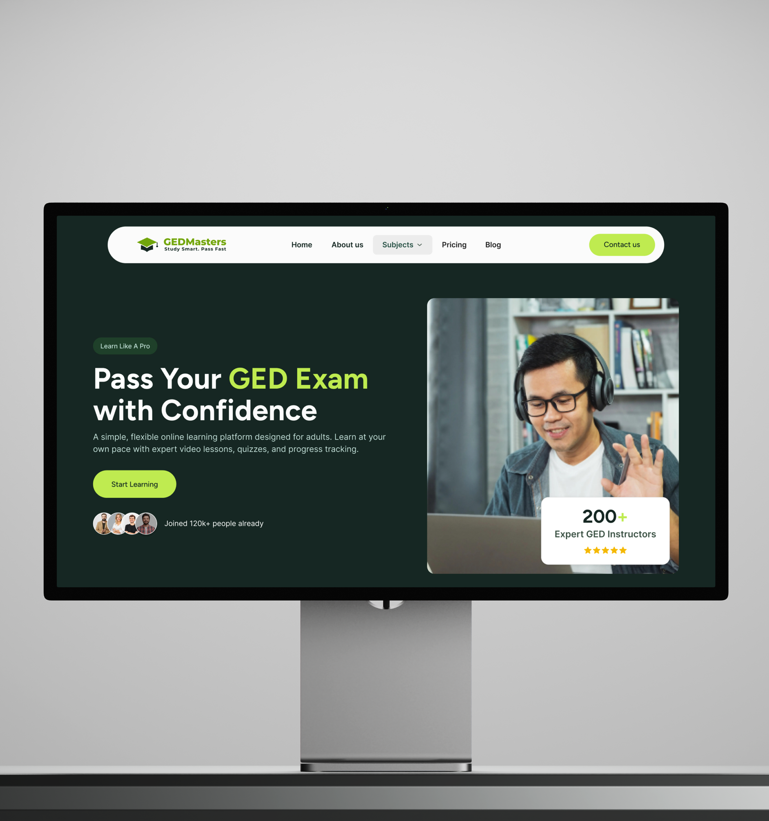 GED Masters website homepage promoting passing the GED exam with expert instructors and flexible online learning.