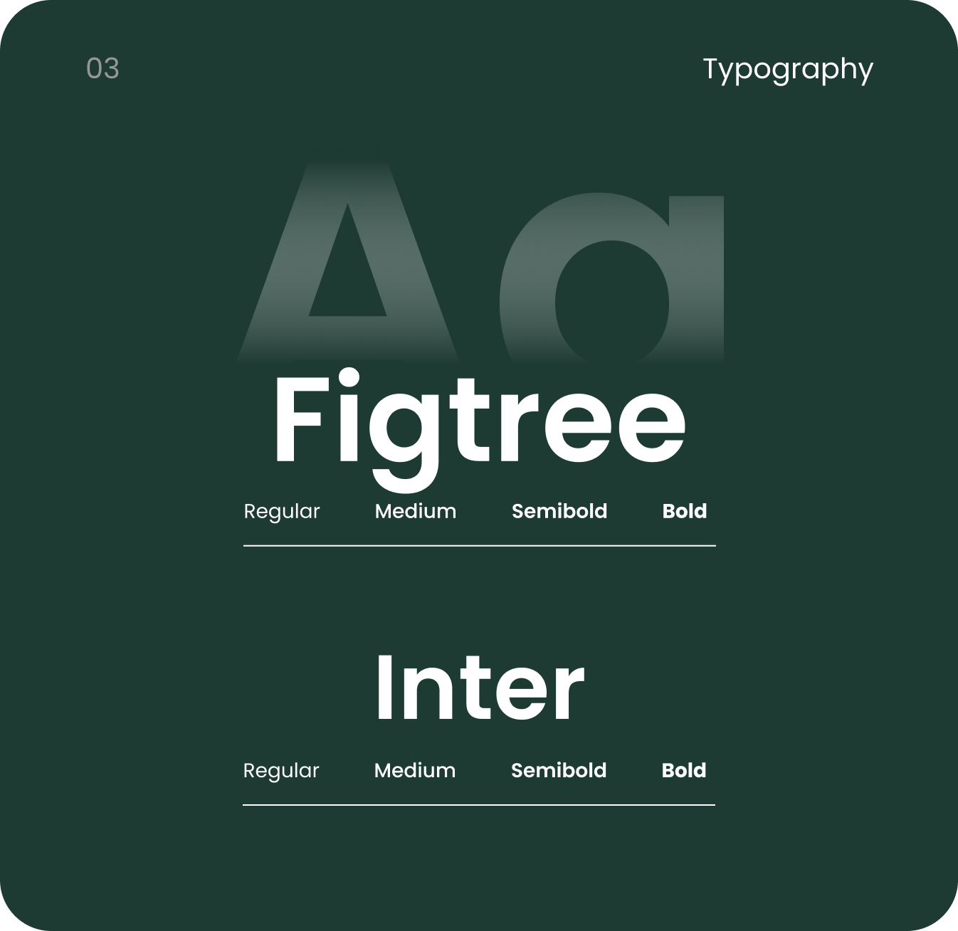 Typography styles showing Figtree and Inter fonts in Regular, Medium, Semibold, and Bold weights.