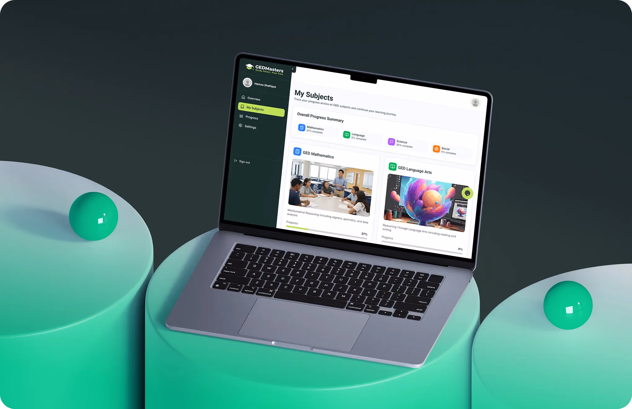 Open laptop on green pillars showing GEDMasters dashboard with subjects and progress summary.