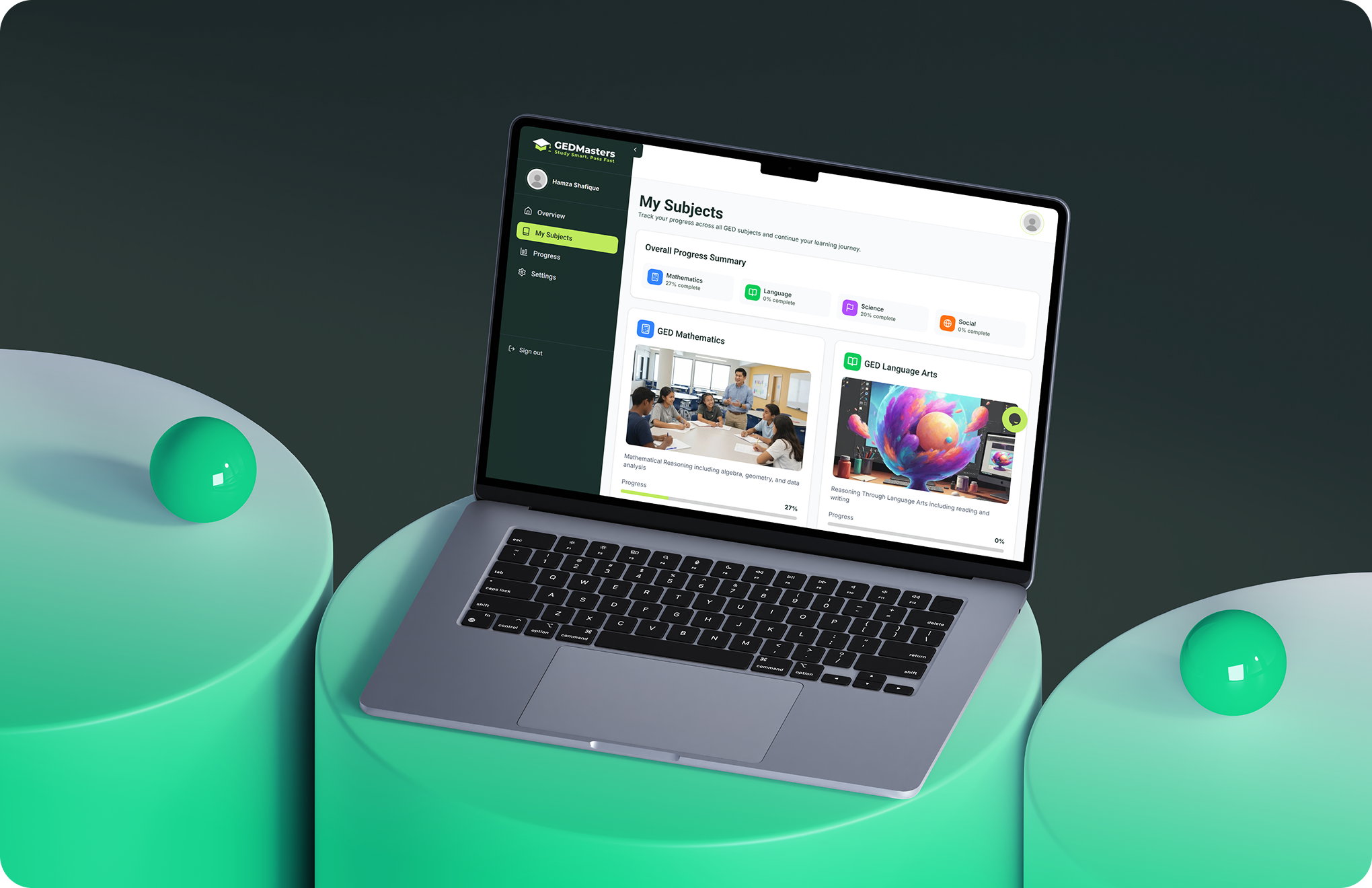 Open laptop on green pillars showing GEDMasters dashboard with subjects and progress summary.