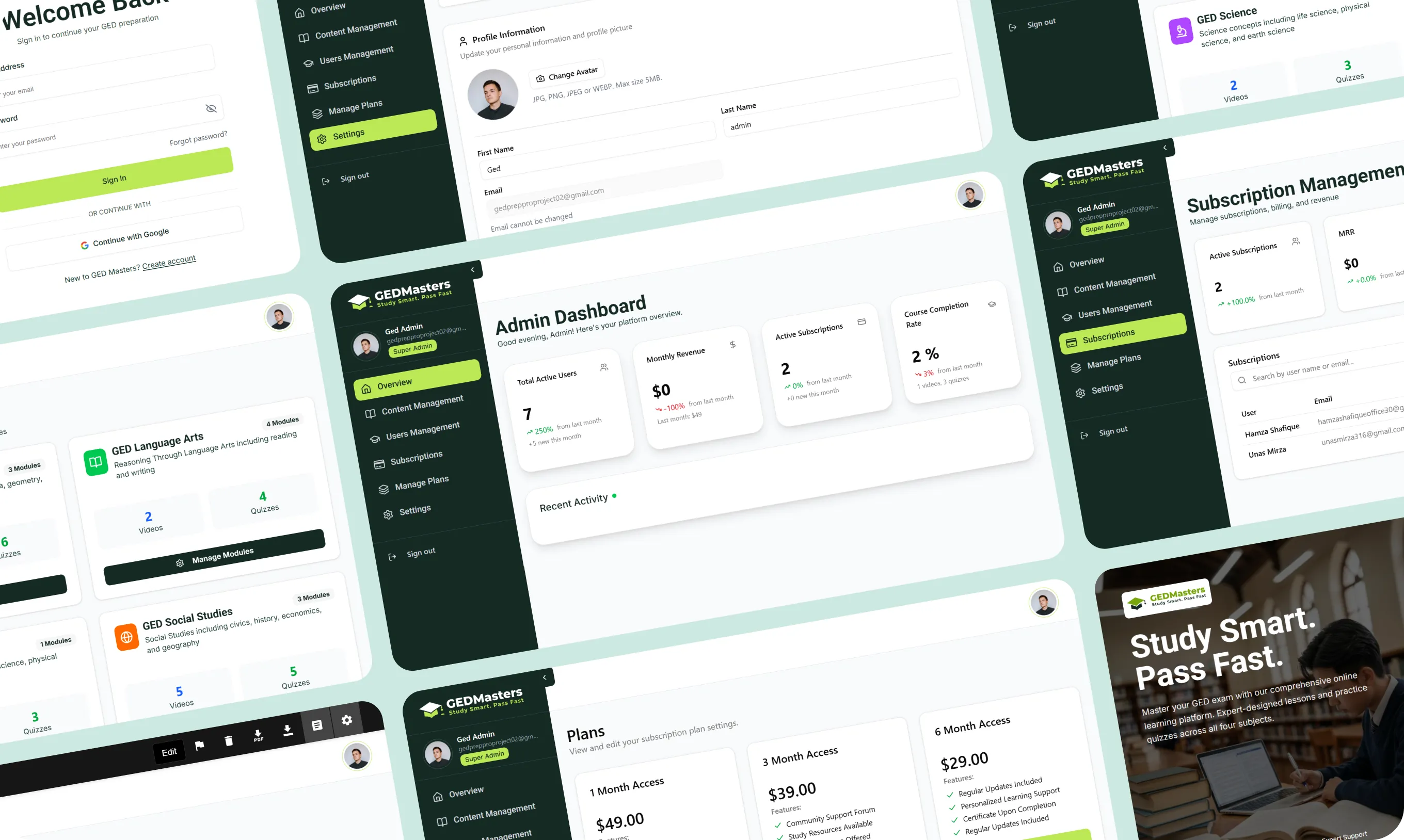 Dashboard screens of GEDMasters platform showing admin stats, subscription plans, courses, and login page.