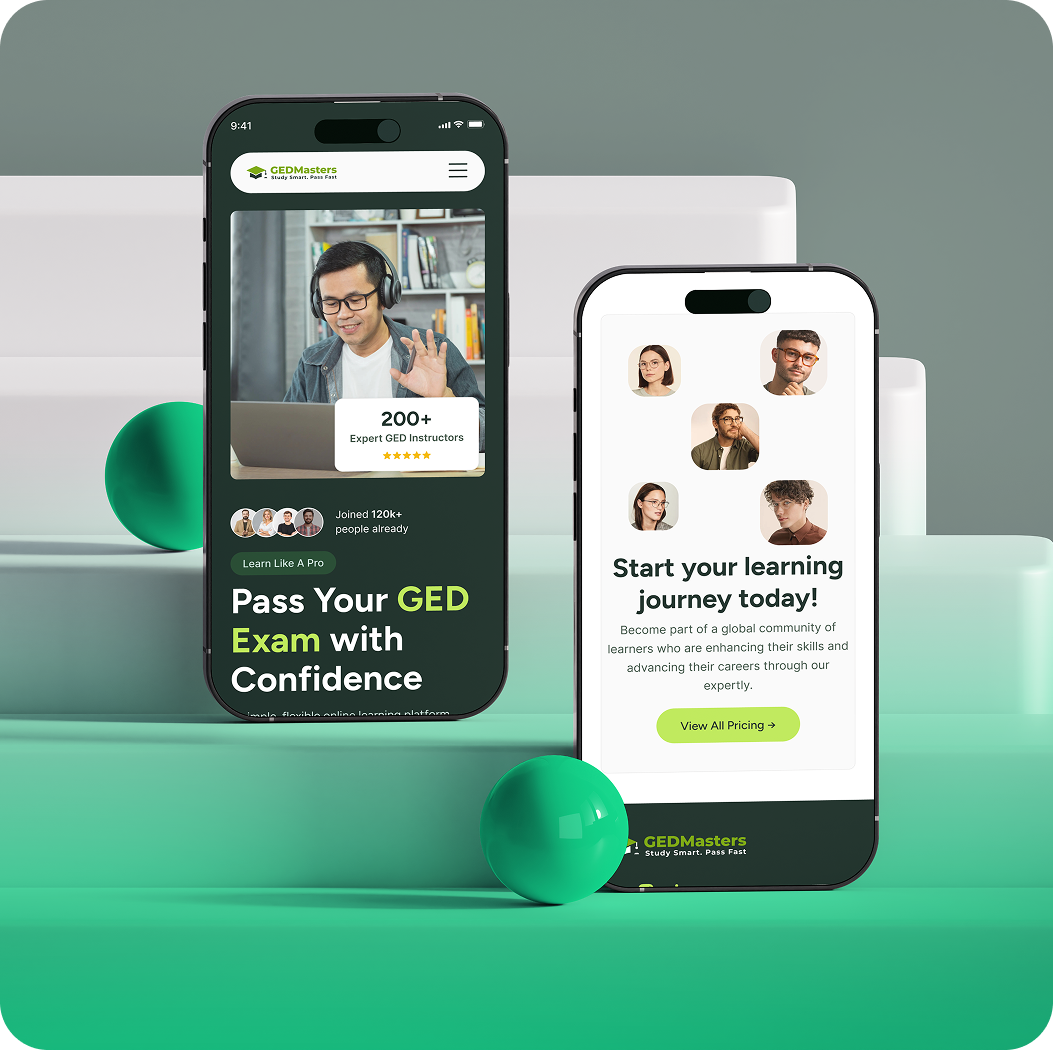 Two smartphones showing GEDMasters online learning app with instructor and community learner profiles.