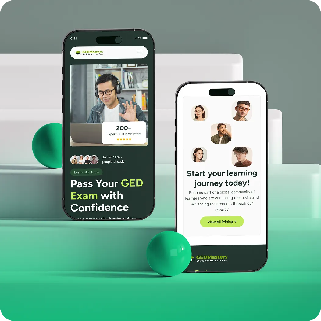 Two smartphones showing GEDMasters online learning app with instructor and community learner profiles.