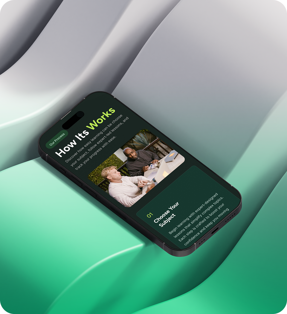 Smartphone screen shows learning app titled How Its Works with photo of two men studying outdoors.