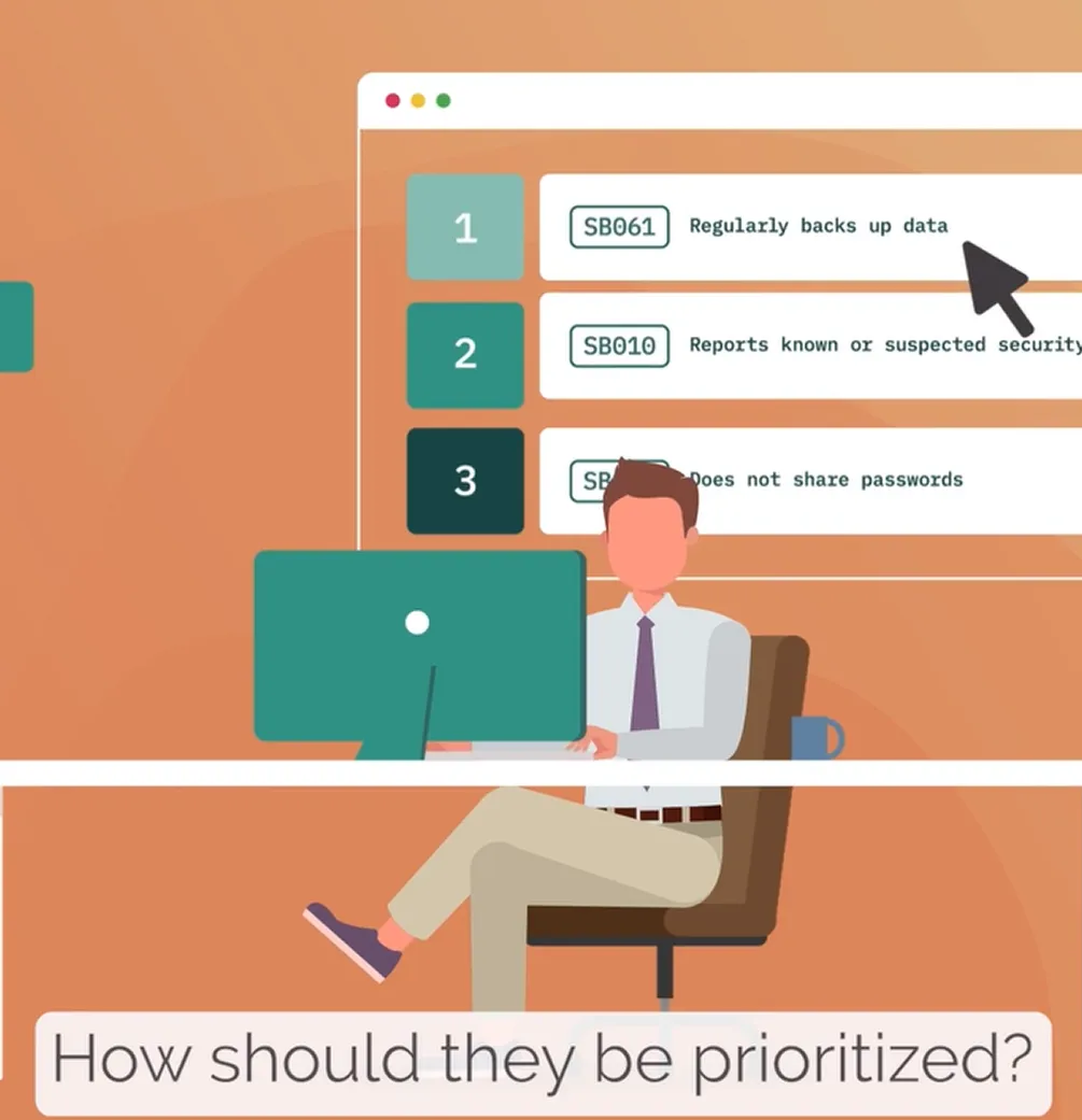 Illustration of a man at a desk with a computer showing a list of security tasks to prioritize.